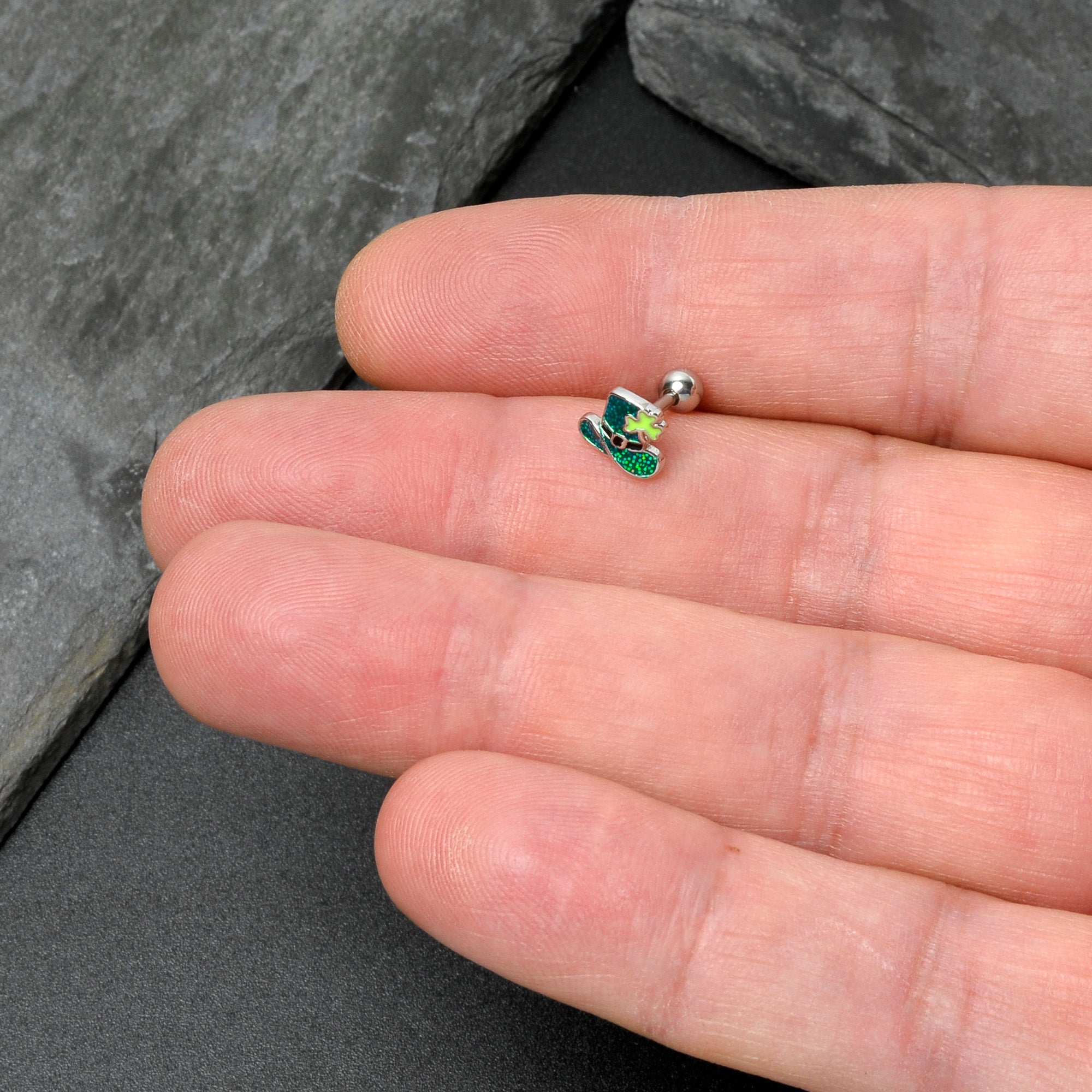 16G 1/4 Glitter Top Hat Shamrock Cartilage Tragus Earring