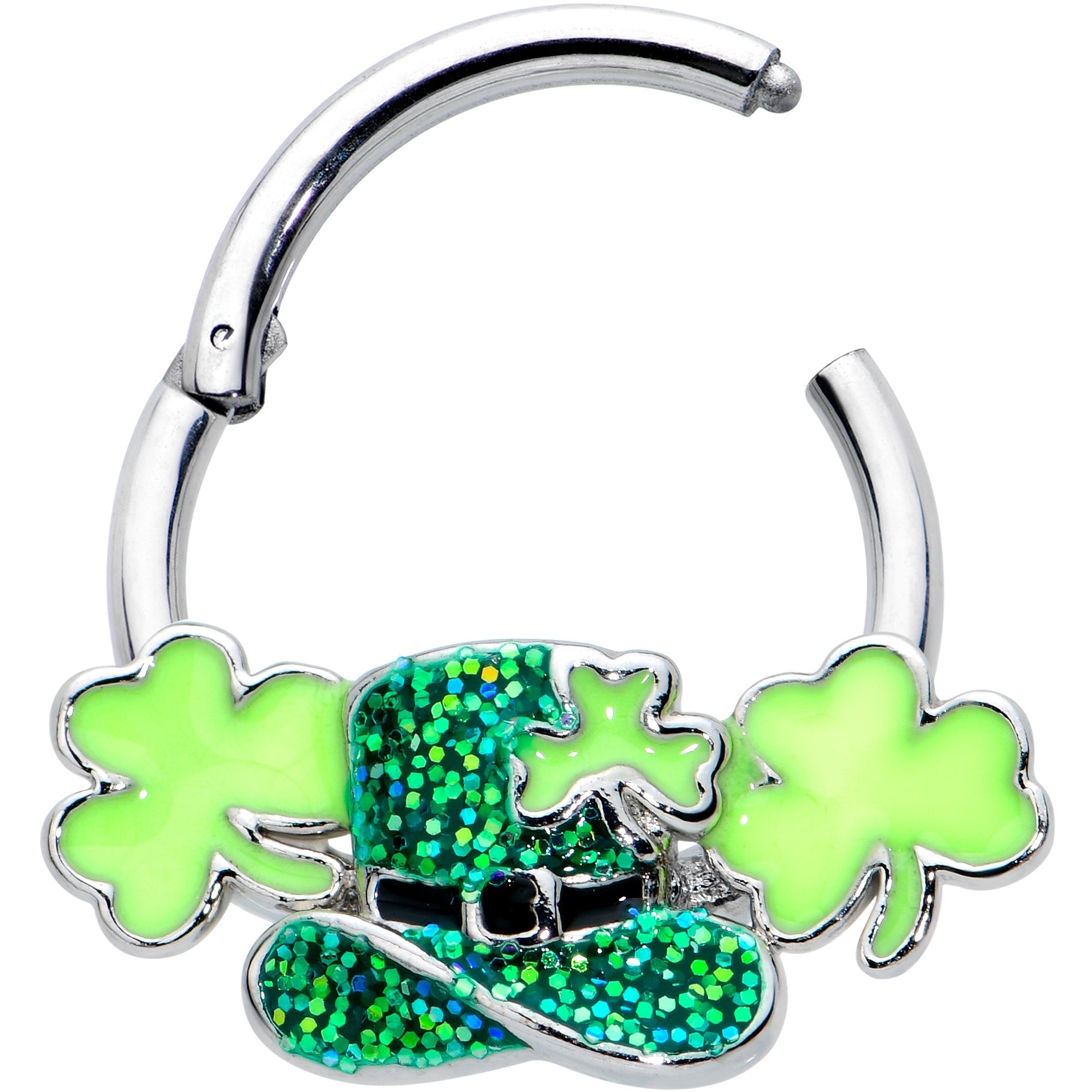 16G 3/8 Glitter Top Hat Shamrocks St Patricks Hinged Segment Ring