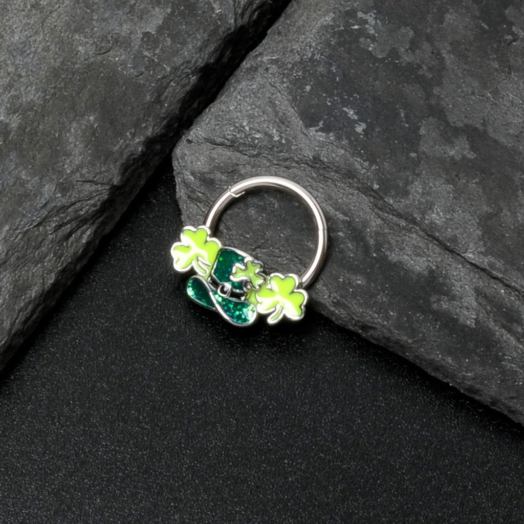 16G 3/8 Glitter Top Hat Shamrocks St Patricks Hinged Segment Ring