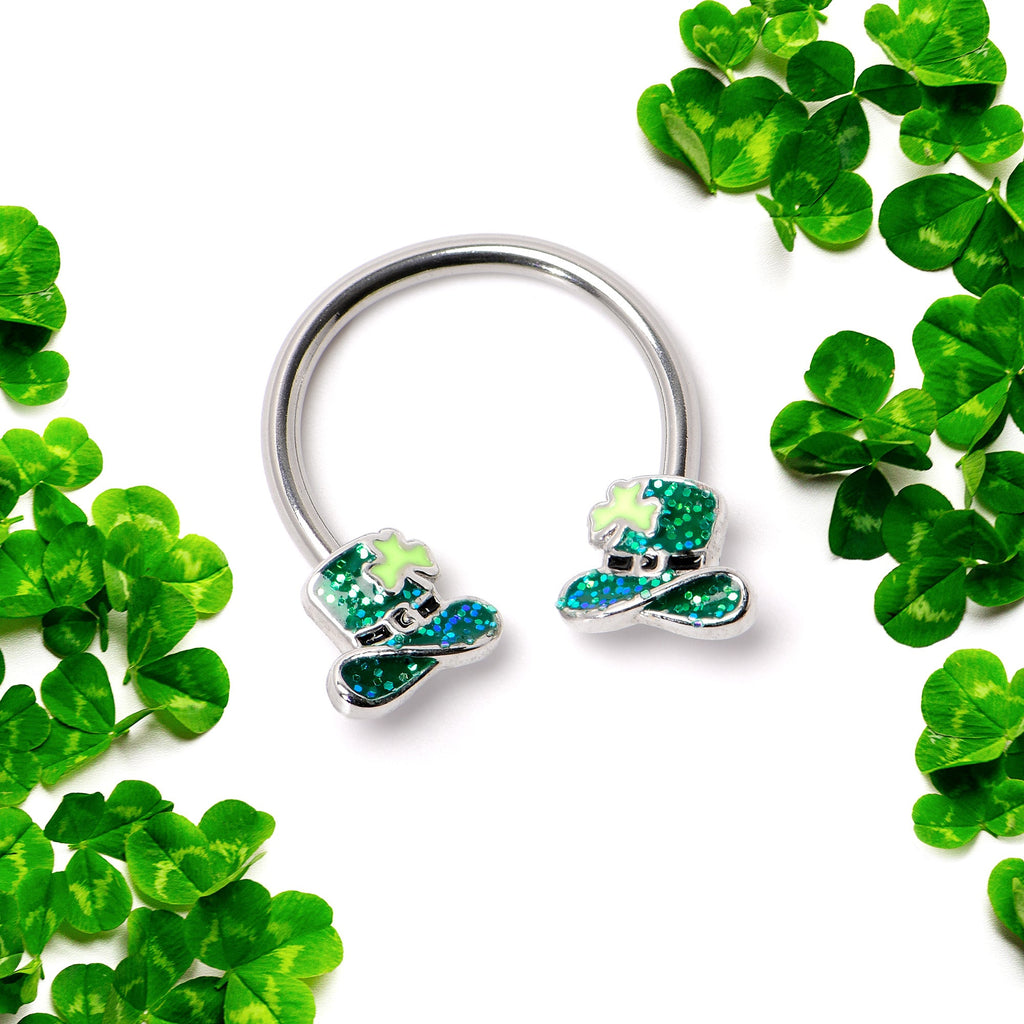16G 3/8 Glitter Top Hat Shamrock Horseshoe Circular Barbell