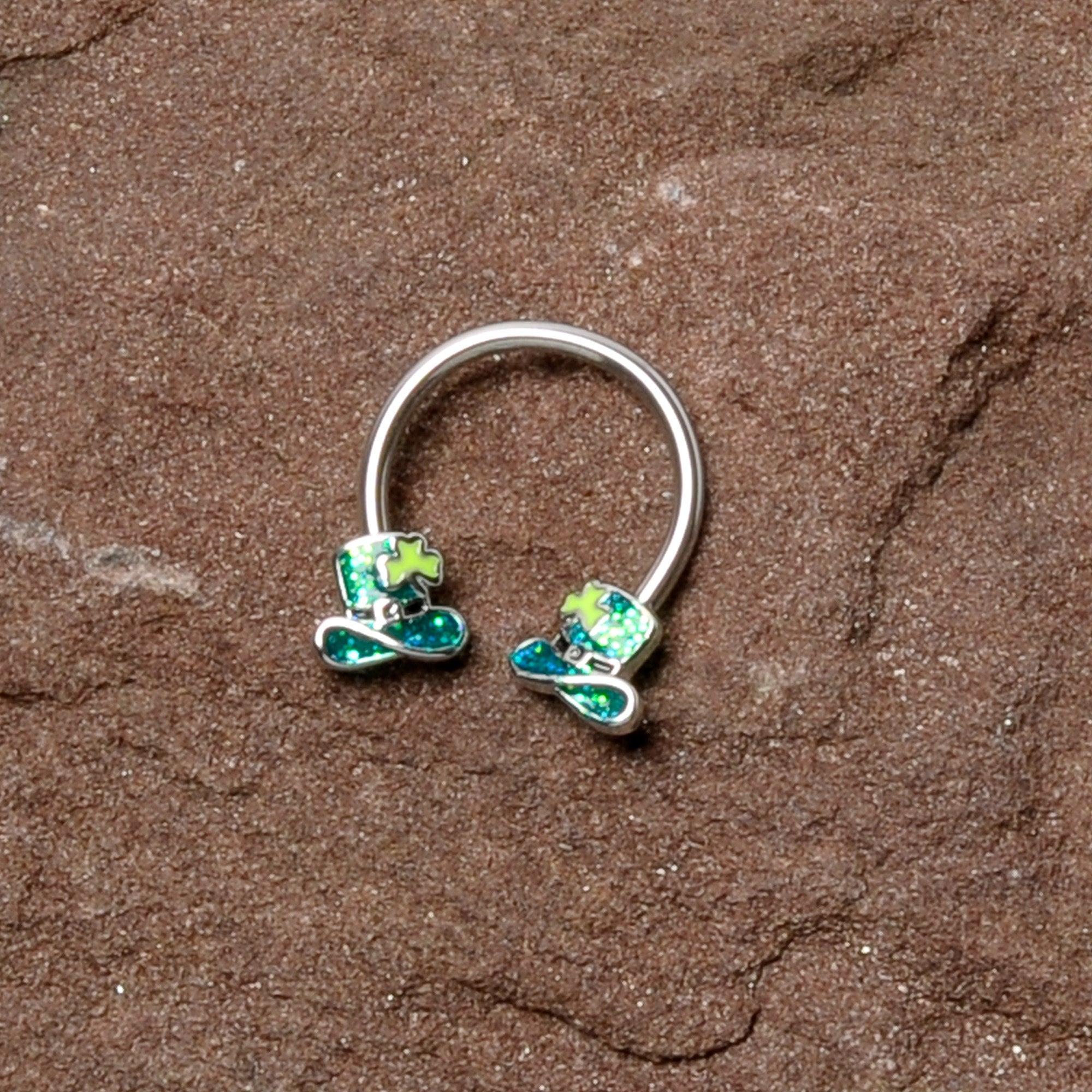 16G 3/8 Glitter Top Hat Shamrock Horseshoe Circular Barbell