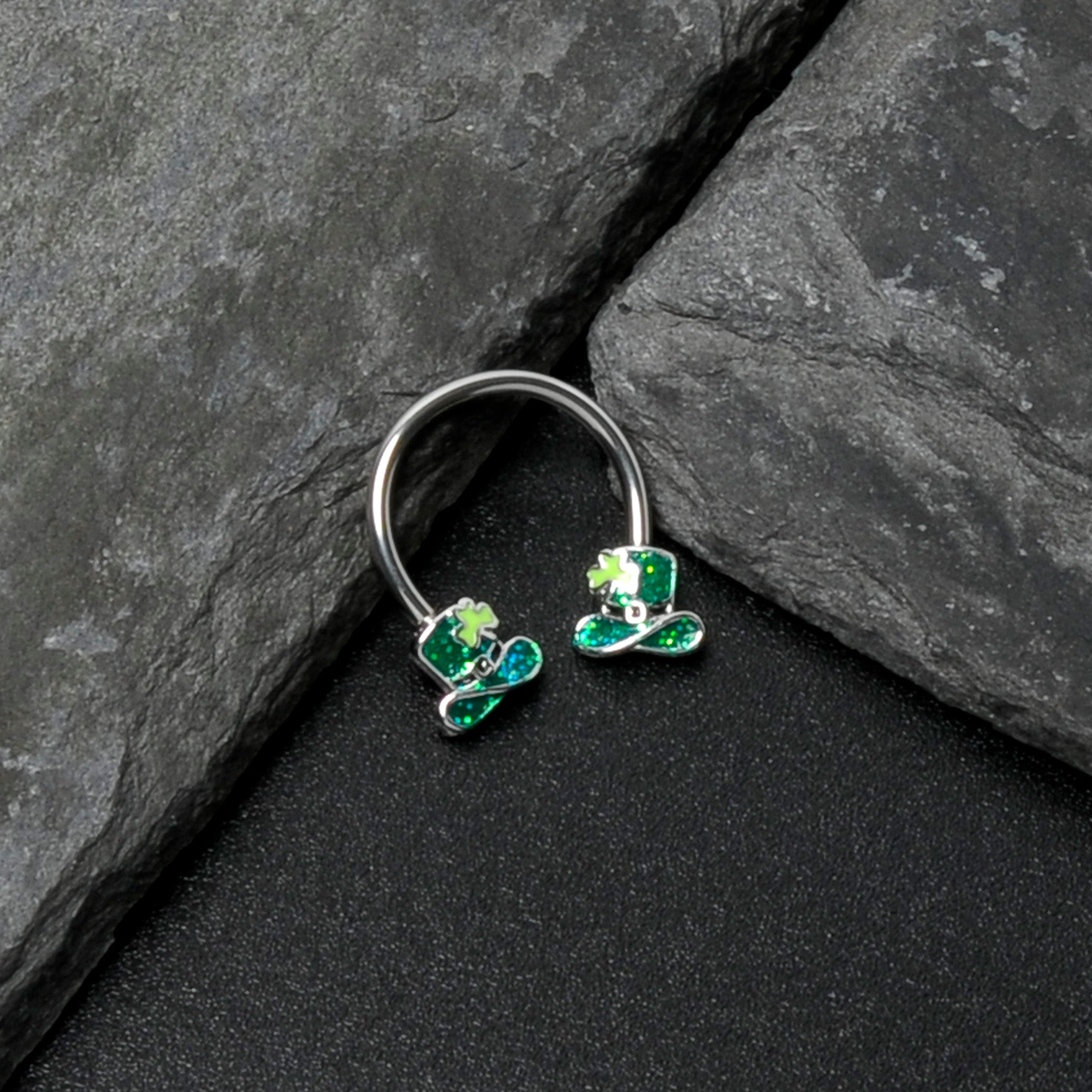 16G 3/8 Glitter Top Hat Shamrock Horseshoe Circular Barbell