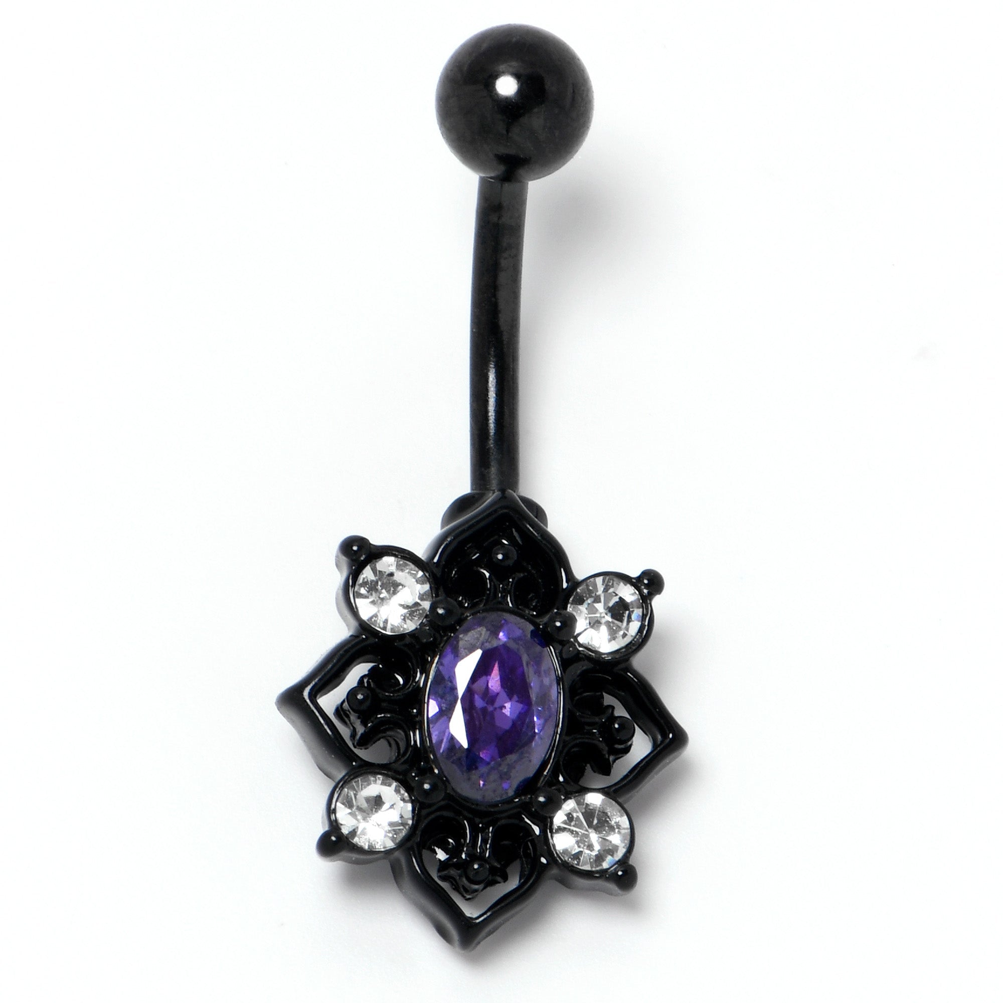 Purple Clear Gem Black Scrolling Hearts Belly Ring