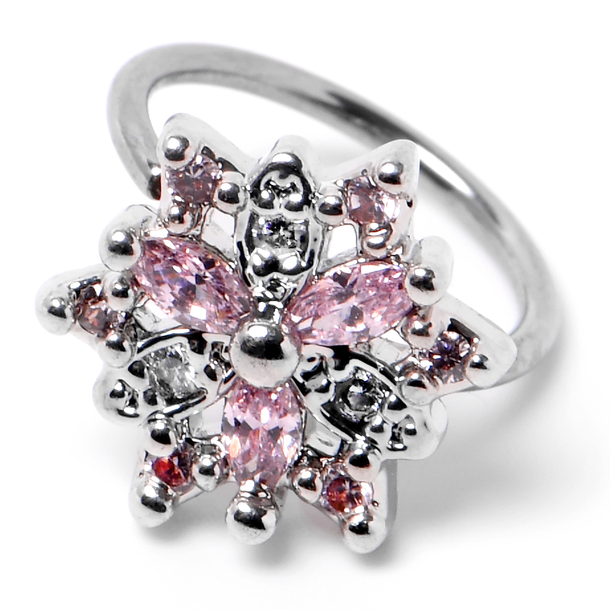 20G 5/16 Pink Clear CZ Gem Snowflake Nose Hoop