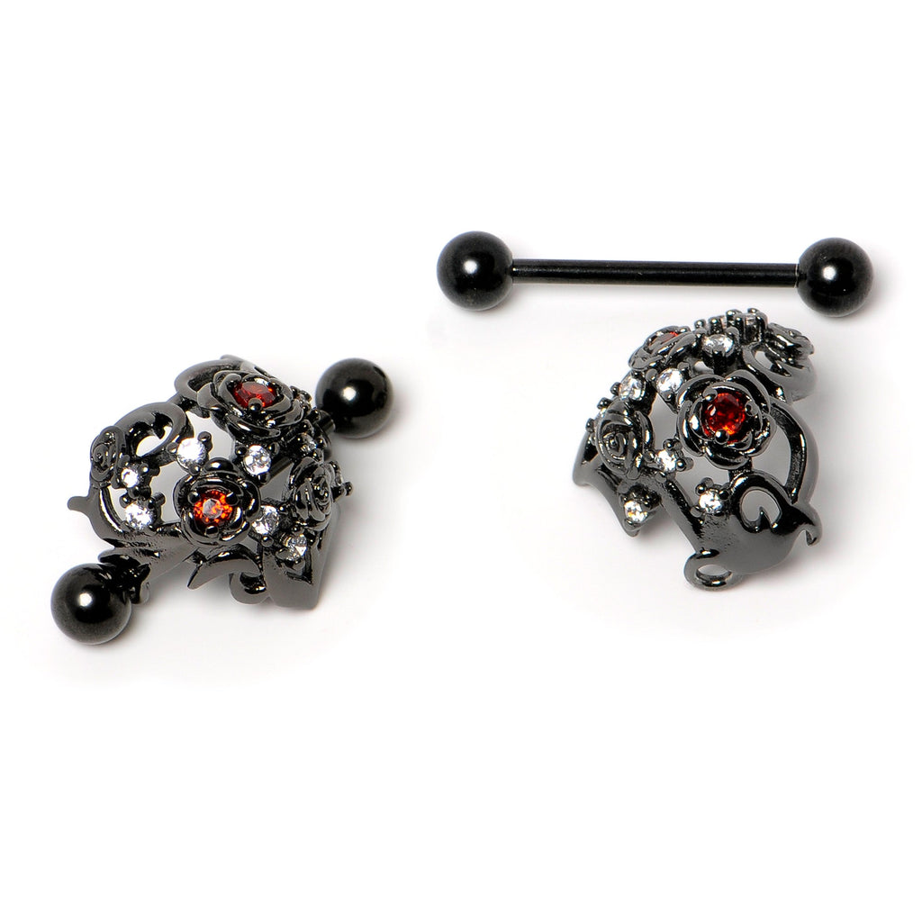 14G 9/16 Red Clear CZ Gem Black Floral Heart Nipple Shield Set