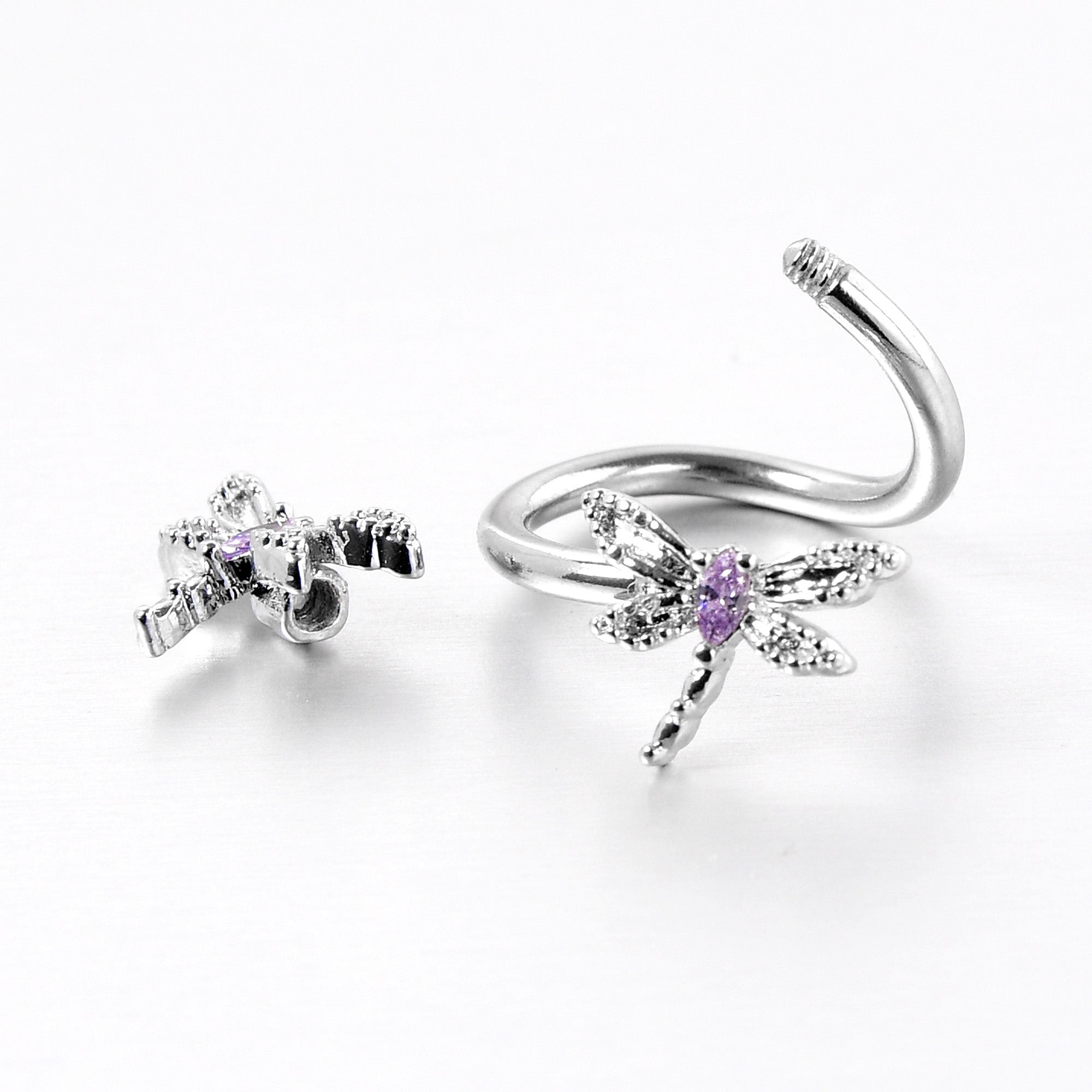 Purple CZ Gem Open Dragonfly Spiral Twister Belly Ring
