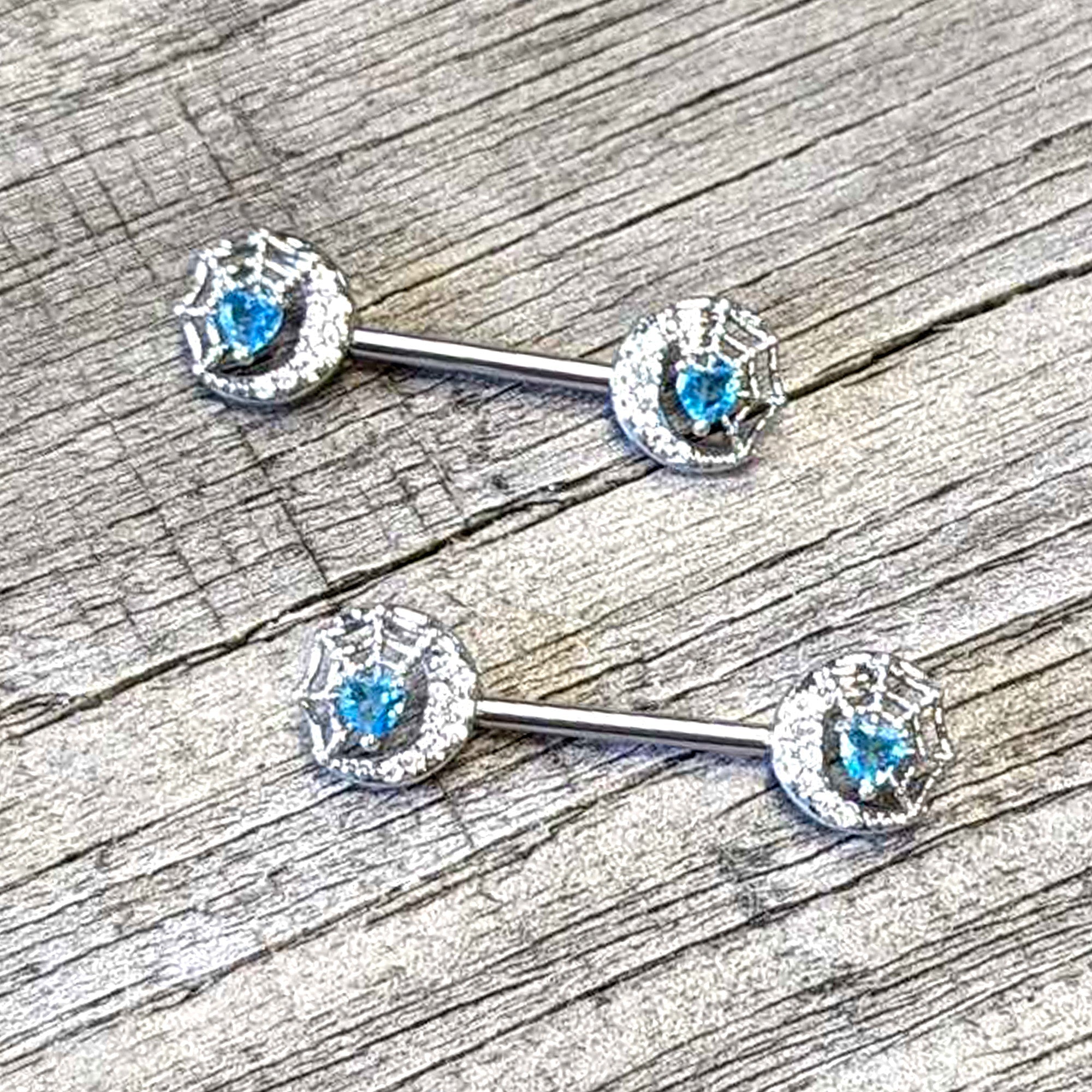 14G 9/16 Blue CZ Gem Heart Web Moon Barbell Nipple Ring Set