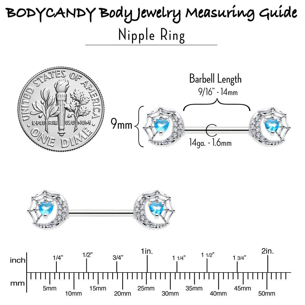 14G 9/16 Blue CZ Gem Heart Web Moon Barbell Nipple Ring Set