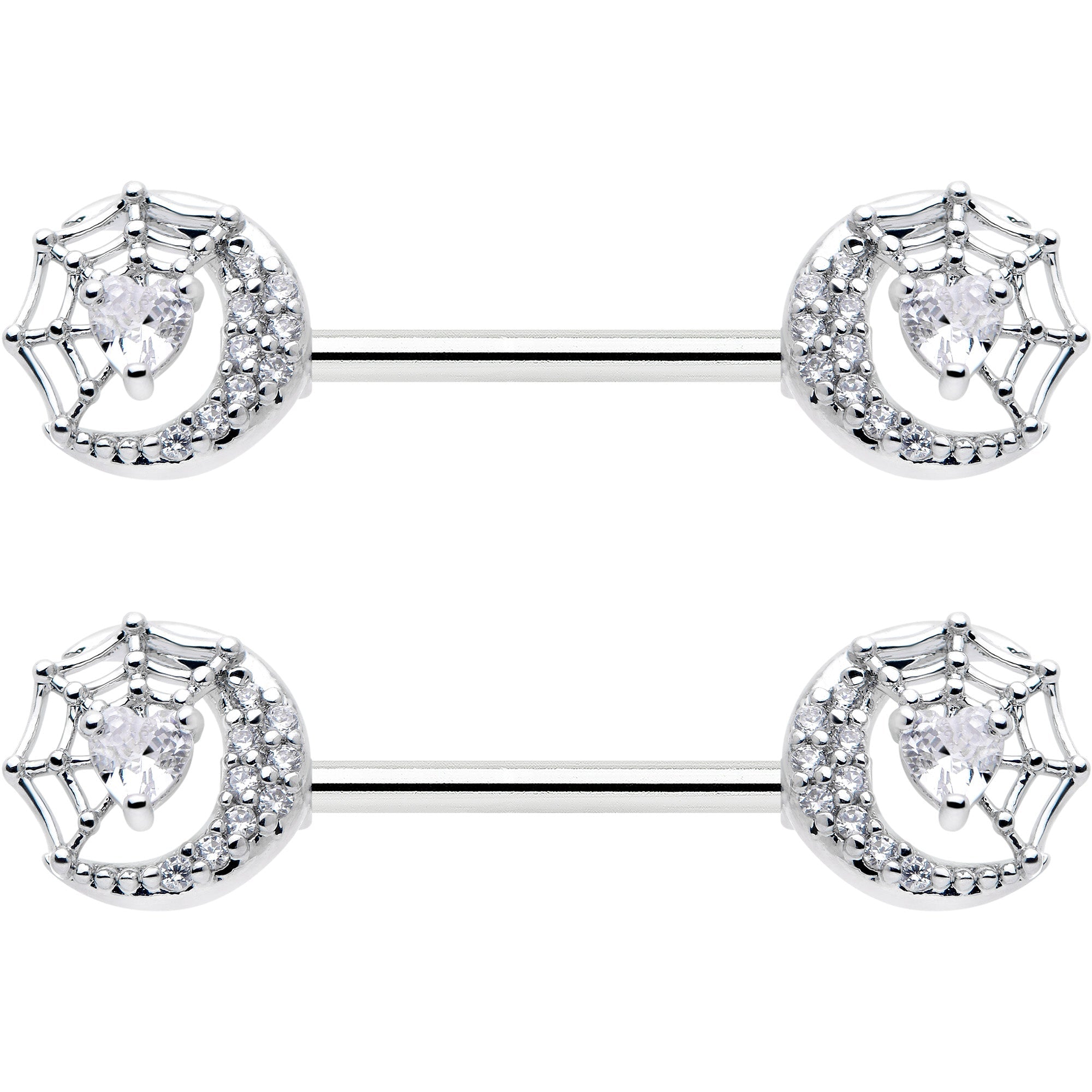 14G 9/16 Clear CZ Gem Heart Web Moon Barbell Nipple Ring Set