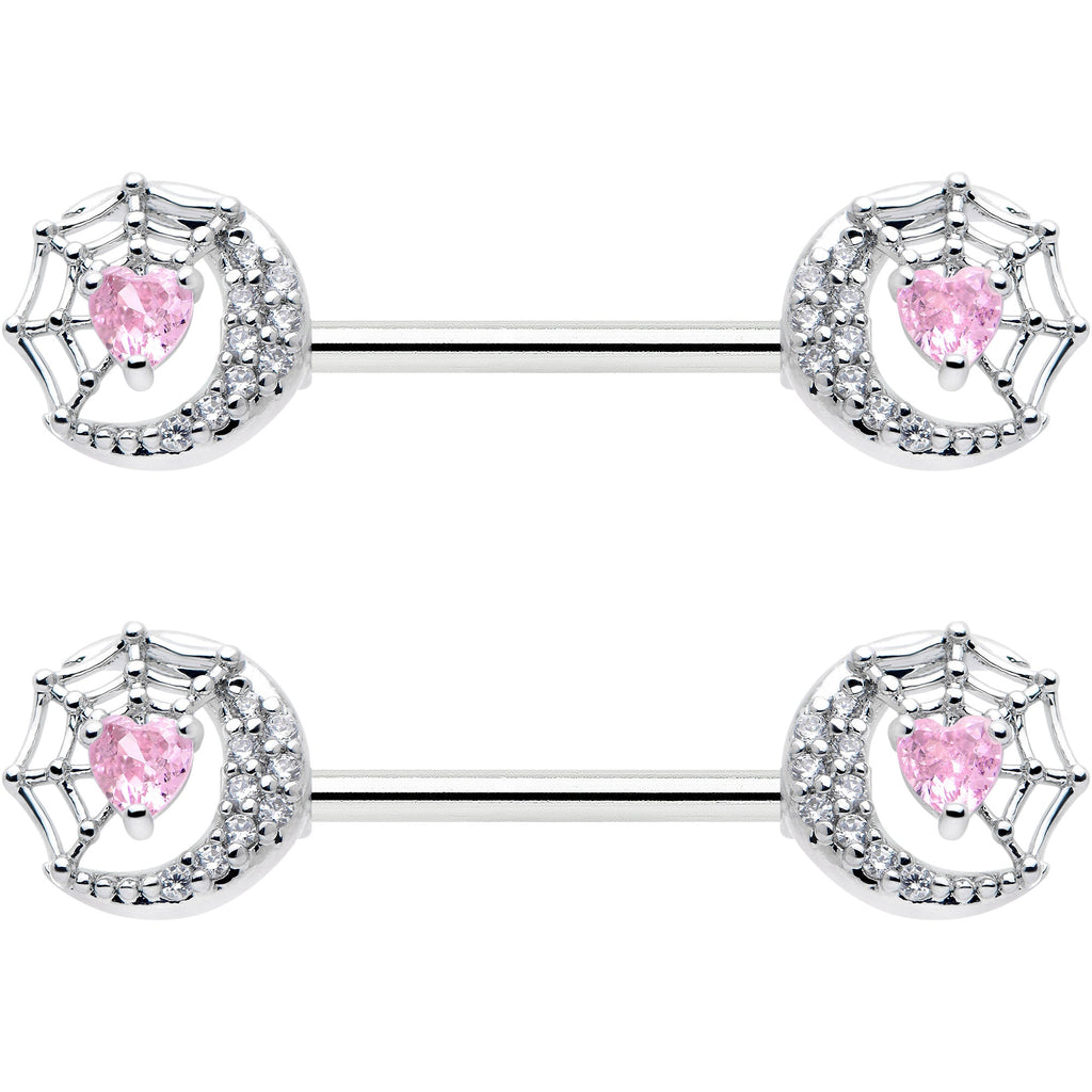 14G 9/16 Pink CZ Gem Heart Web Moon Barbell Nipple Ring Set