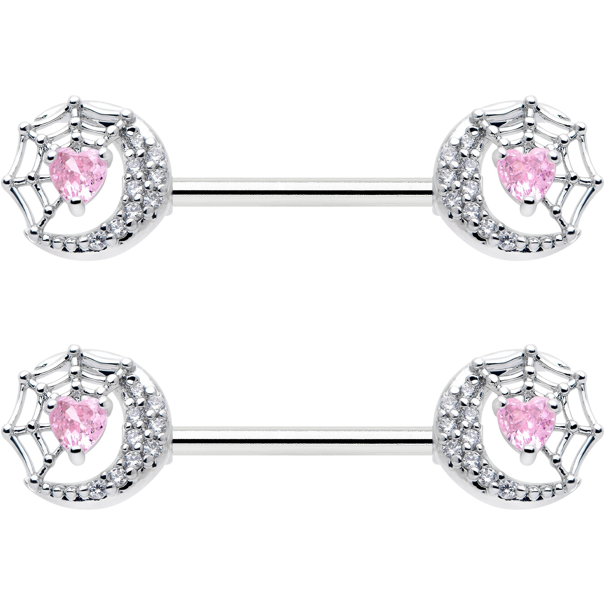 14G 9/16 Pink CZ Gem Heart Web Moon Barbell Nipple Ring Set