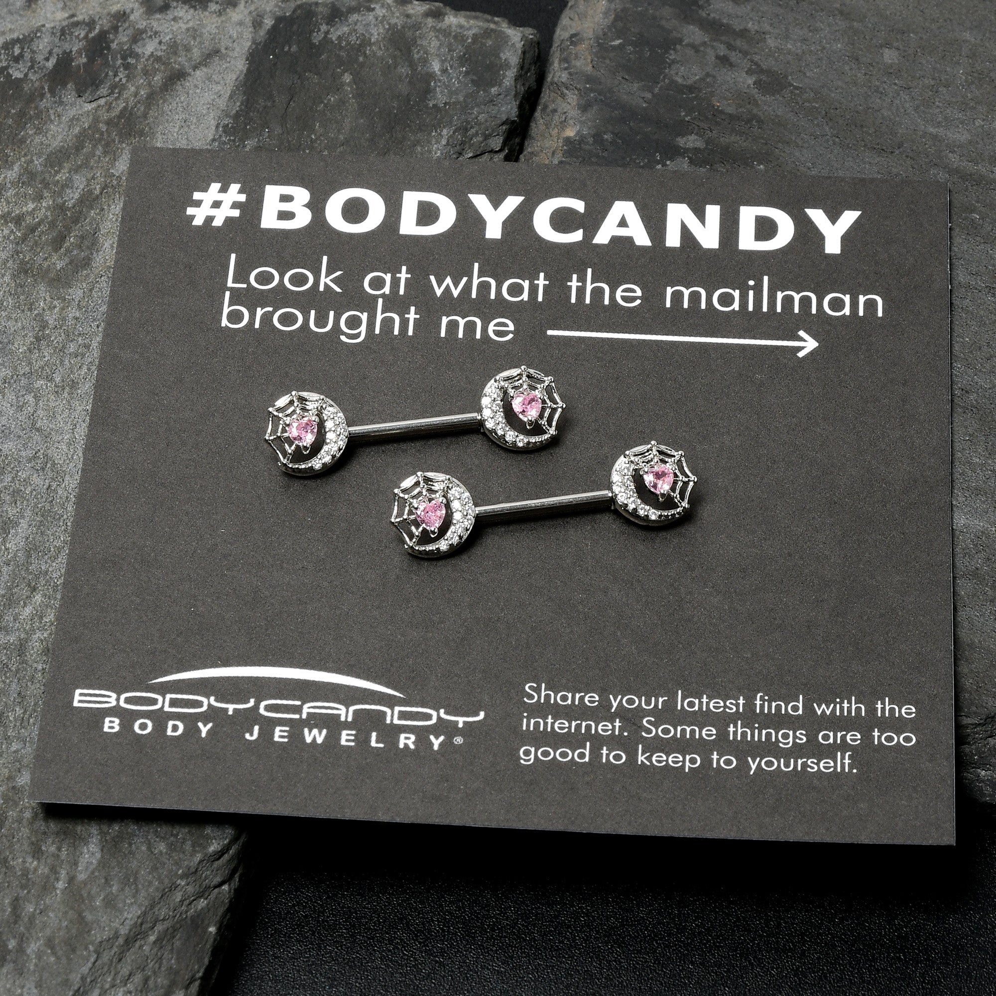 14G 9/16 Pink CZ Gem Heart Web Moon Barbell Nipple Ring Set