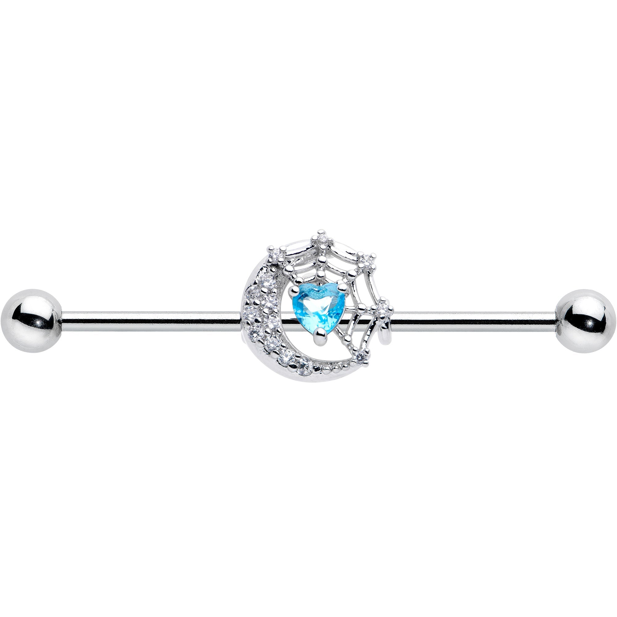 14G Blue CZ Gem Heart Web Moon Industrial Barbell 38mm
