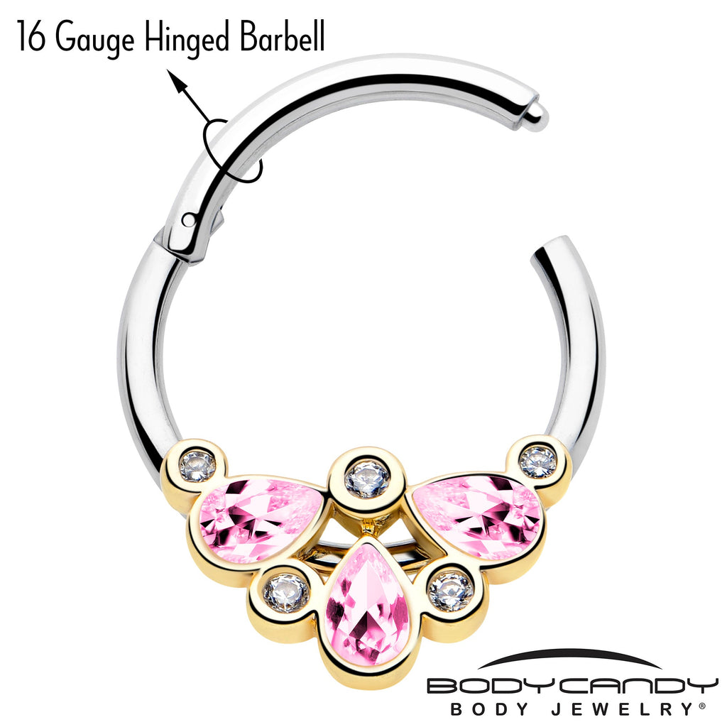16G 3/8 Pink Gem Golden Crown Deluxe Hinged Segment Ring
