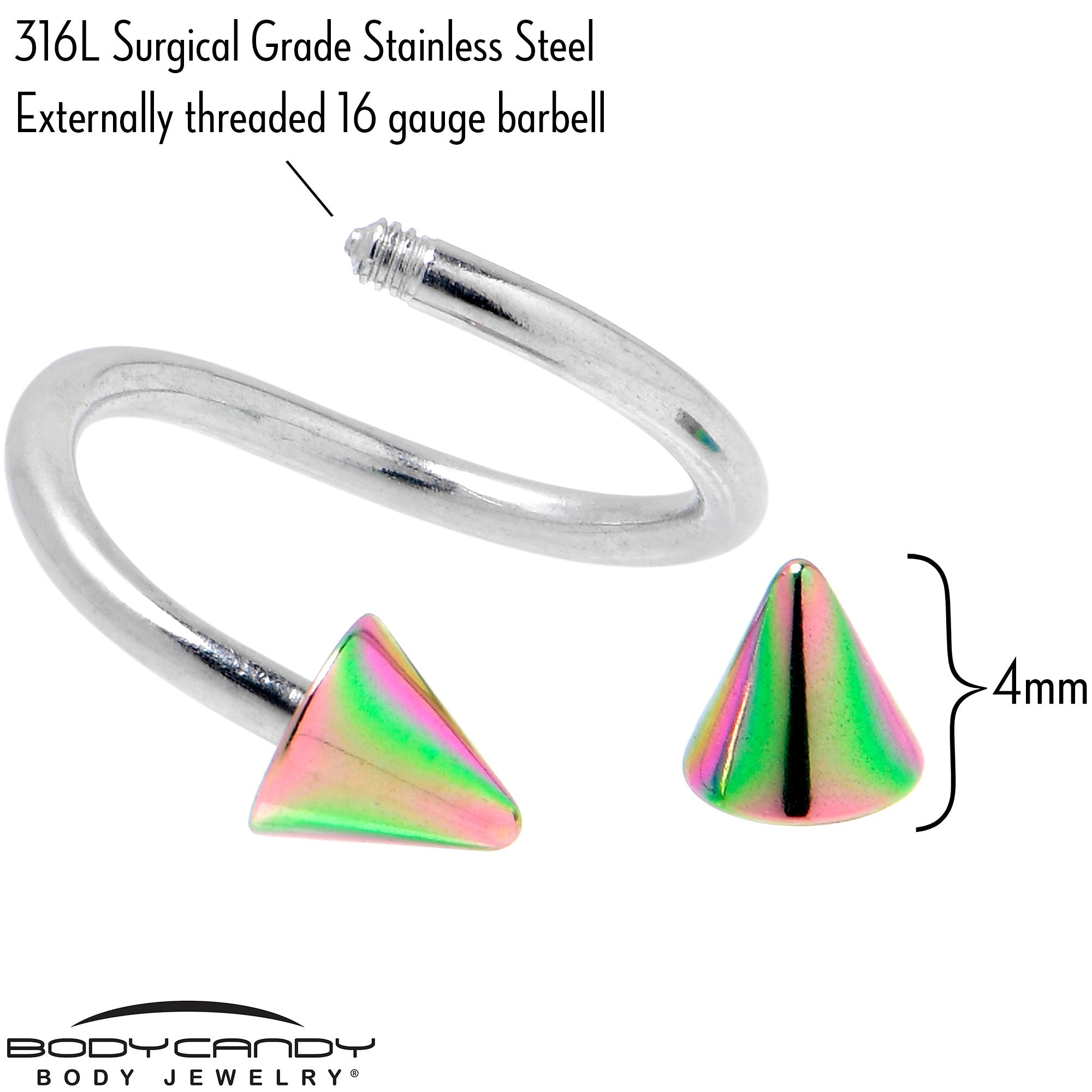 16G 3/8 Rainbow Cone Ends Spiral Twister Eyebrow Ring