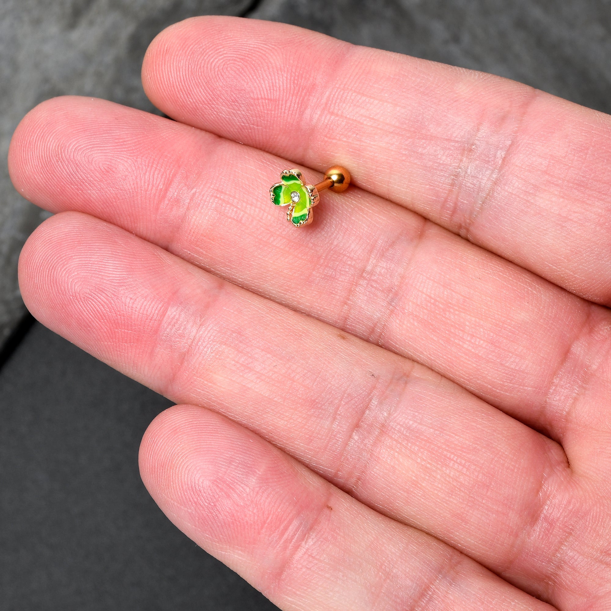 16G 1/4 Clear Gem Gold Hue Lucky Shamrock Cartilage Tragus Earring
