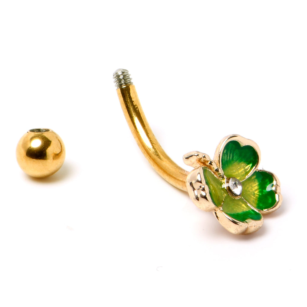 16G 5/16 Clear Gem Gold Tone Lucky Shamrock Curved Eyebrow Ring