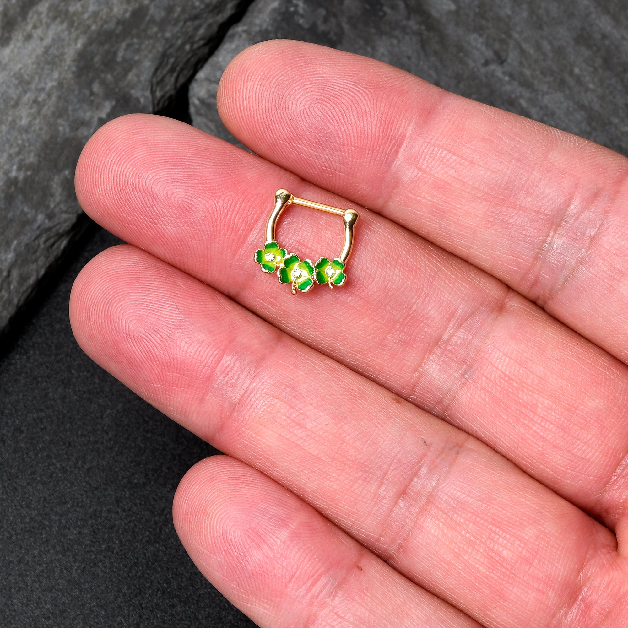 16G 5/16 Clear Gem Gold Tone Lucky Shamrock Cartilage Clicker