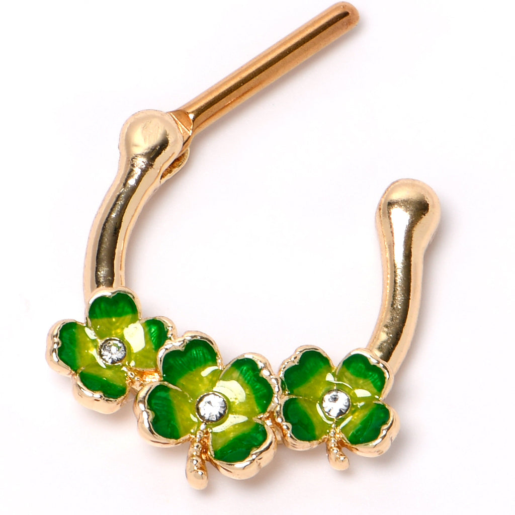 16G 5/16 Clear Gem Gold Tone Lucky Shamrock Cartilage Clicker