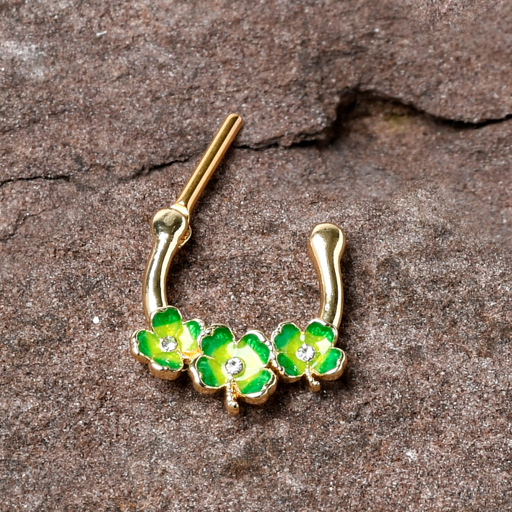16G 5/16 Clear Gem Gold Tone Lucky Shamrock Cartilage Clicker