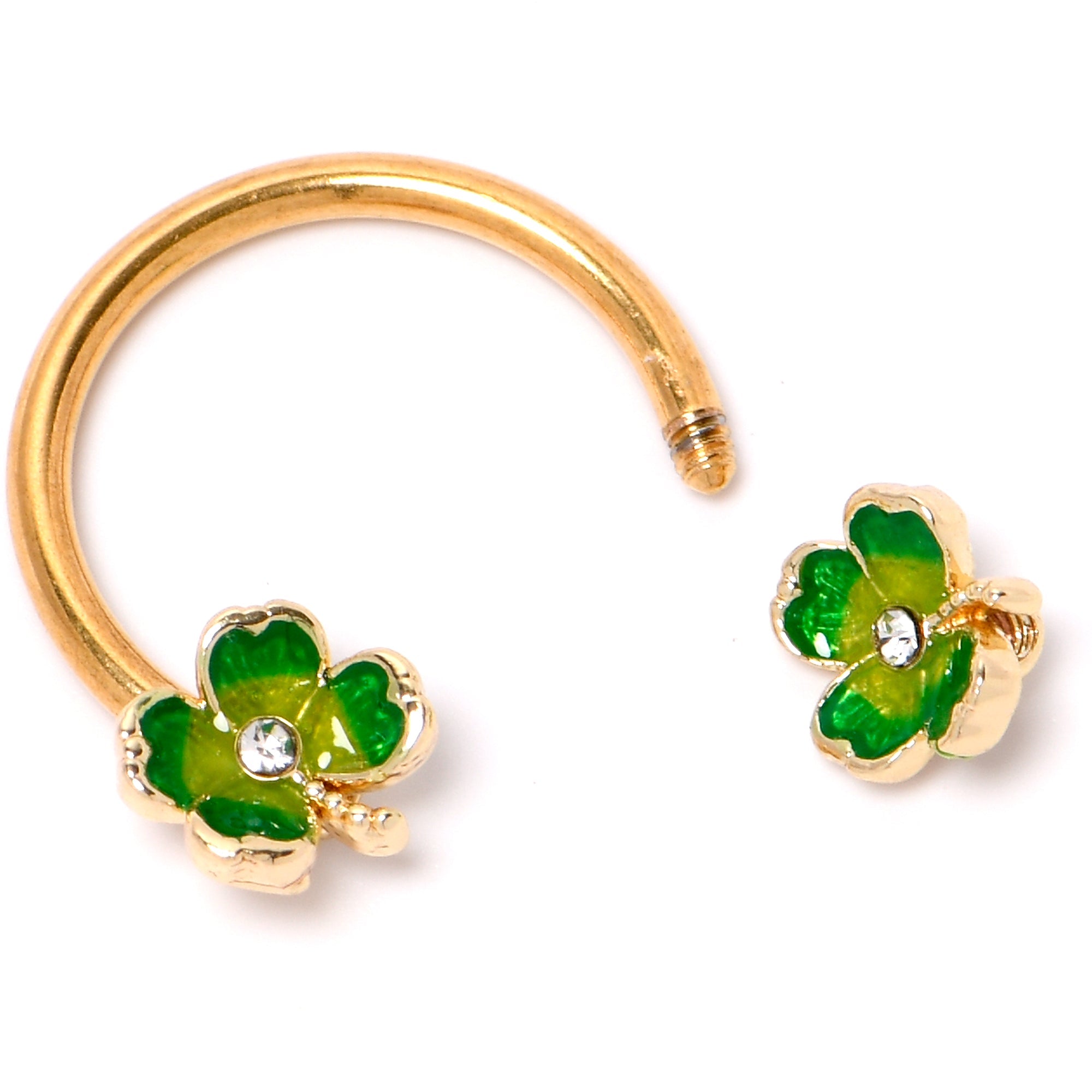 16G 3/8 Clear Gem Gold Hue Lucky Shamrock Horseshoe Circular Barbell