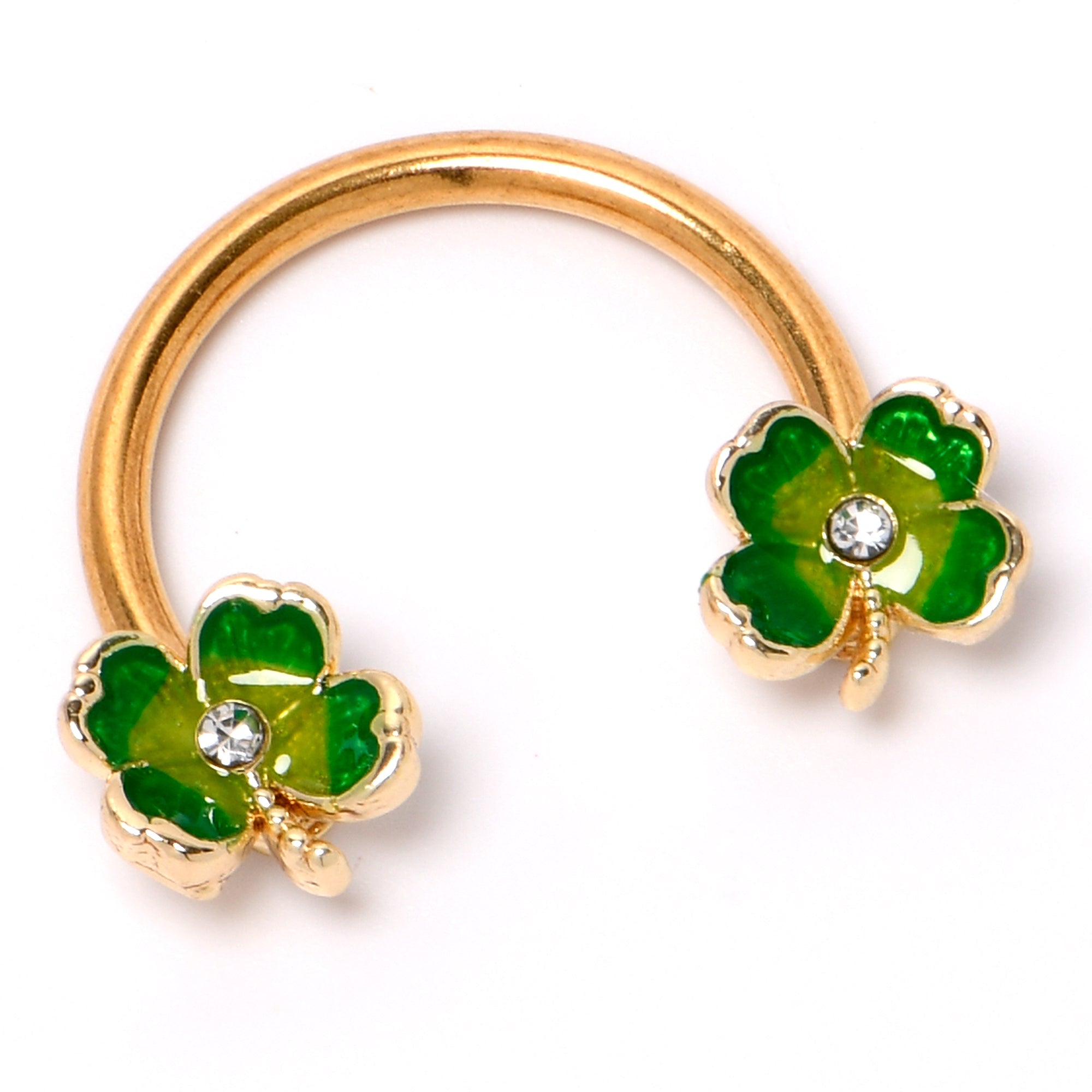 16G 3/8 Clear Gem Gold Hue Lucky Shamrock Horseshoe Circular Barbell