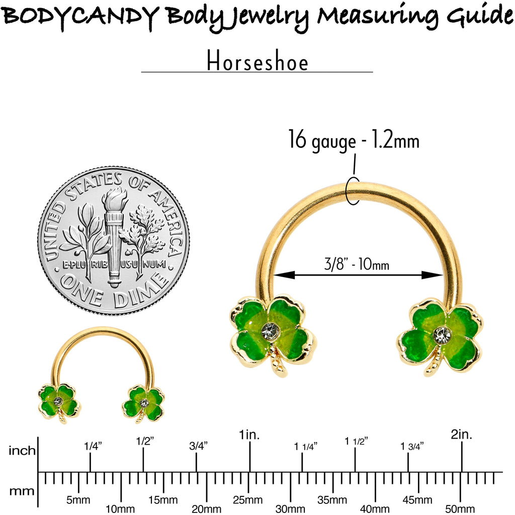 16G 3/8 Clear Gem Gold Hue Lucky Shamrock Horseshoe Circular Barbell