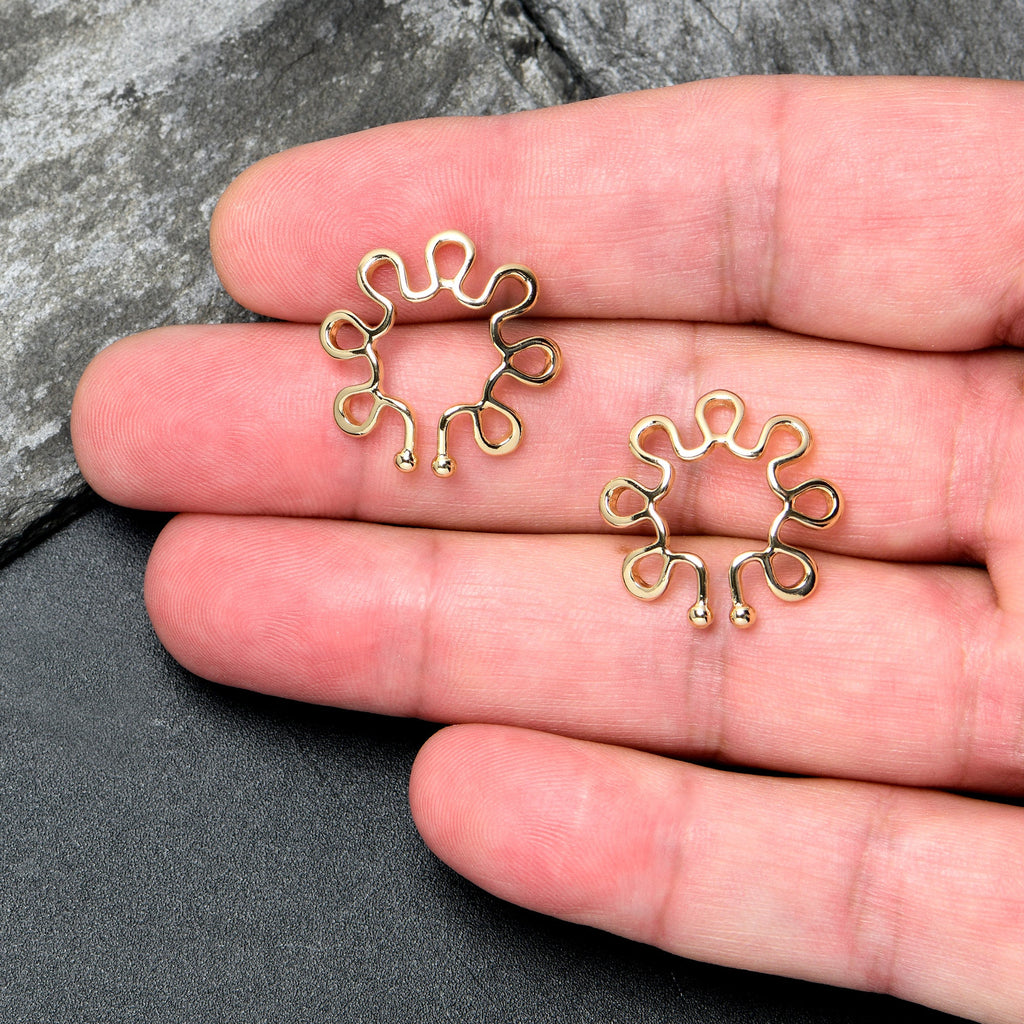 Gold Tone Trippy Flower Clip On Fake Nipple Ring Set