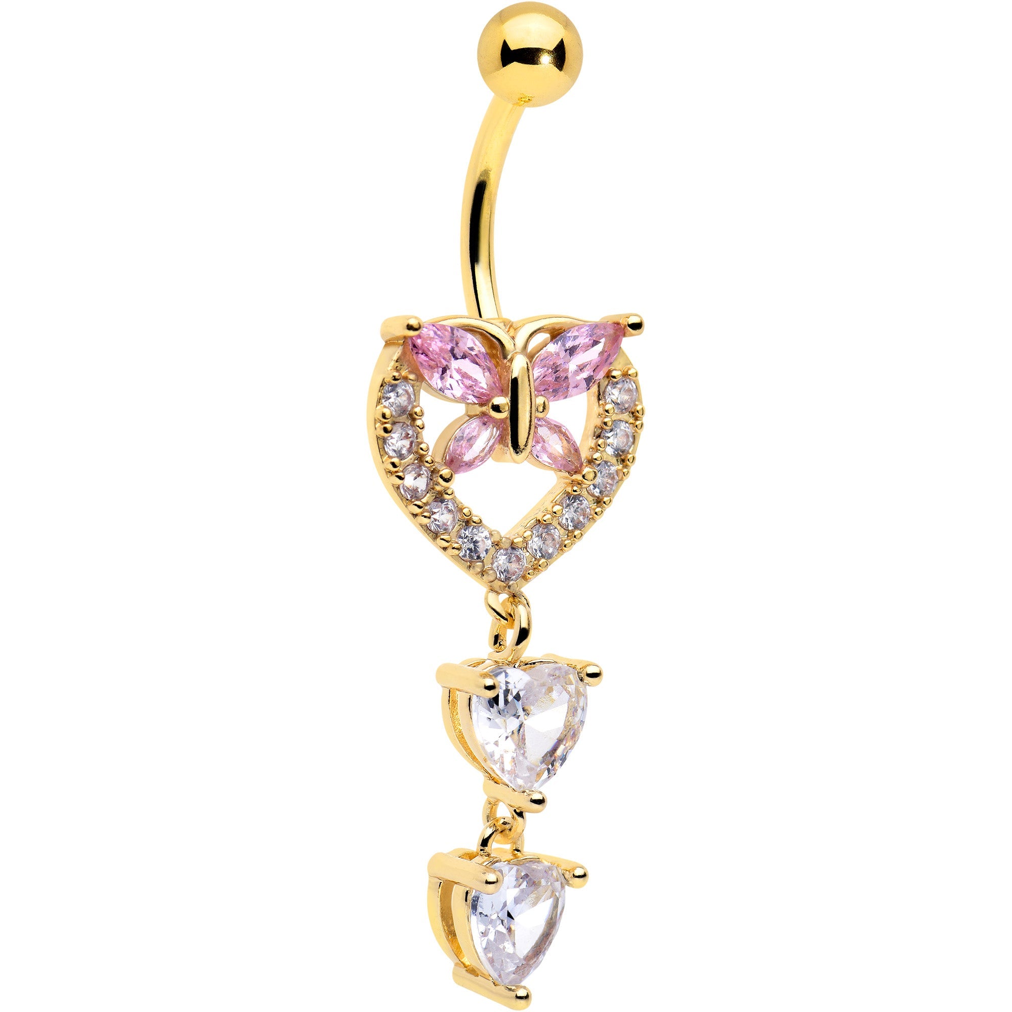 Clear Pink CZ Gem Gold Tone Heart Butterfly Double Dangle Belly Ring