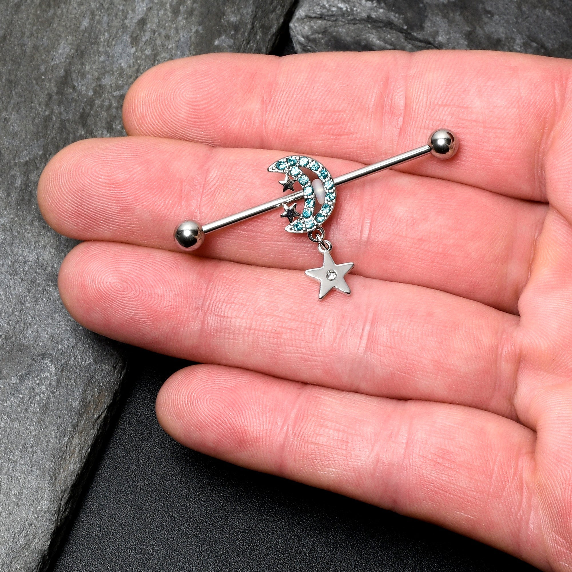 14G Blue CZ Gem Moon Dangle Star Industrial Barbell 38mm