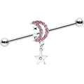 14G Pink CZ Gem Moon Dangle Star Industrial Barbell 38mm