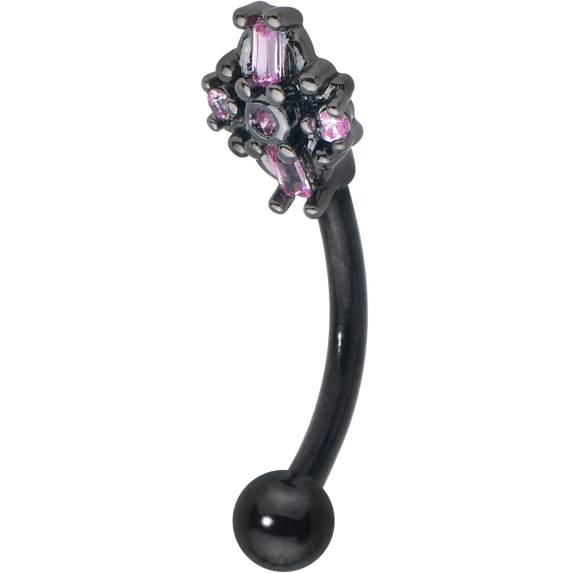 16G 5/16 Pink Gem Black Opulent Cross Curved Eyebrow Ring