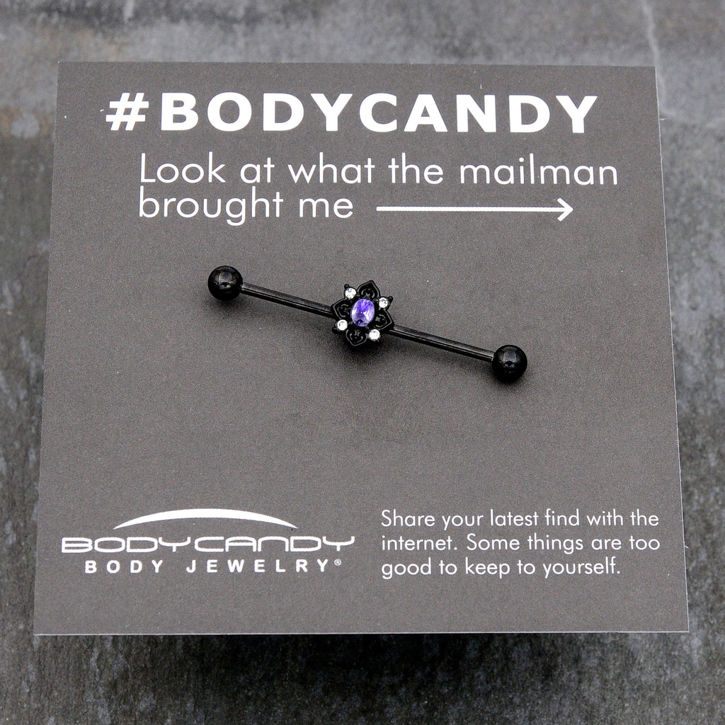 14G Purple Gem Black Scrolling Hearts Industrial Barbell 38mm