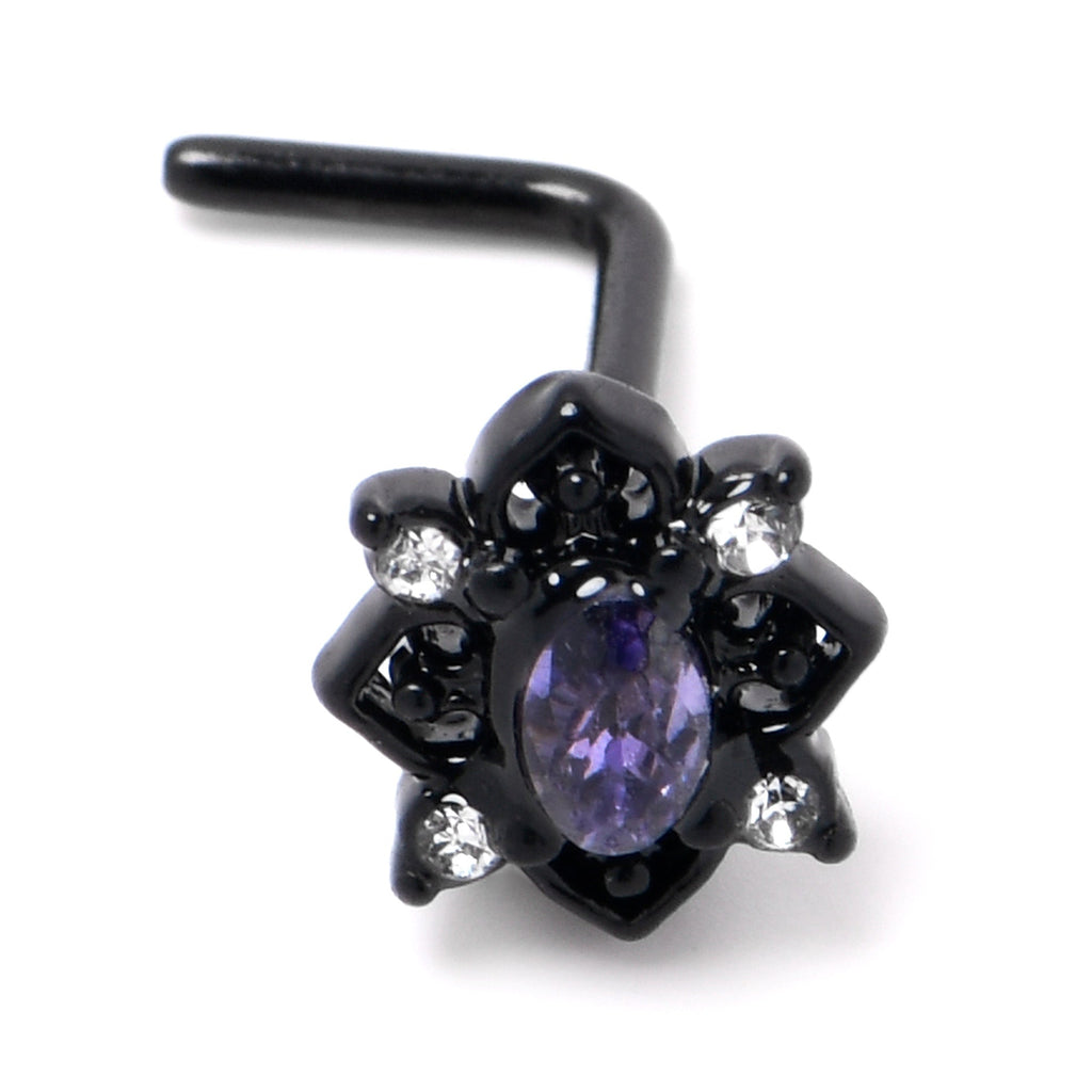 20G 7mm Purple Gem Black Scrolling Hearts L Shape Nose Ring
