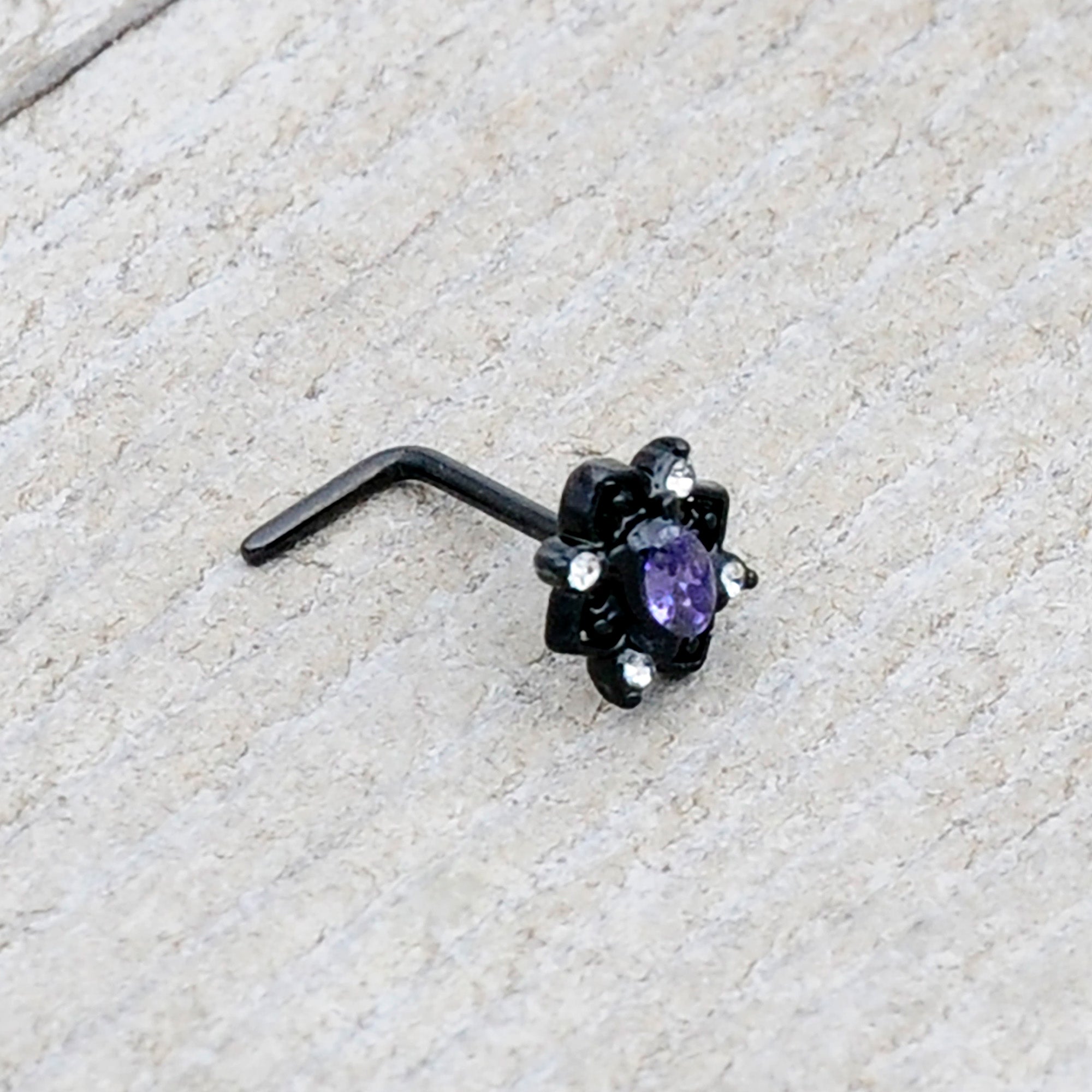 20G 7mm Purple Gem Black Scrolling Hearts L Shape Nose Ring