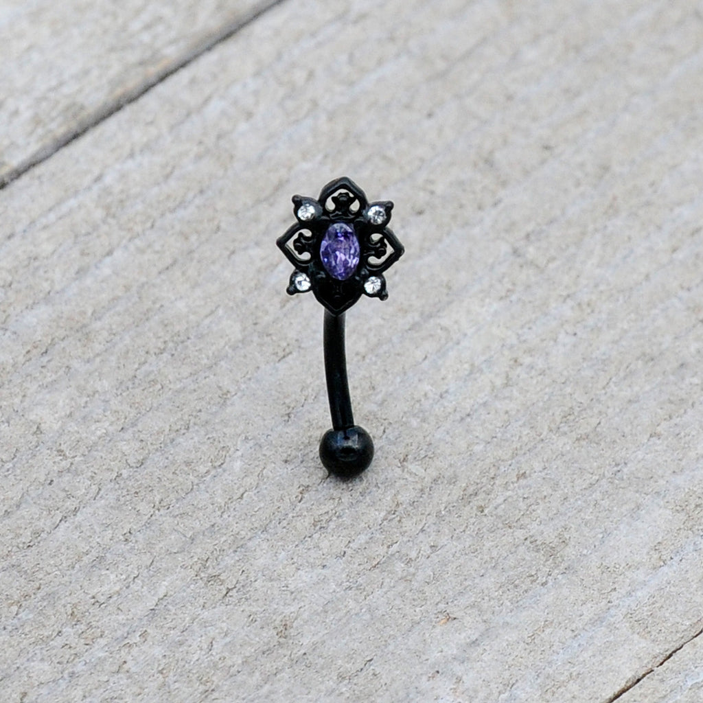 16G 5/16 Purple Gem Black Scrolling Hearts Curved Eyebrow Ring