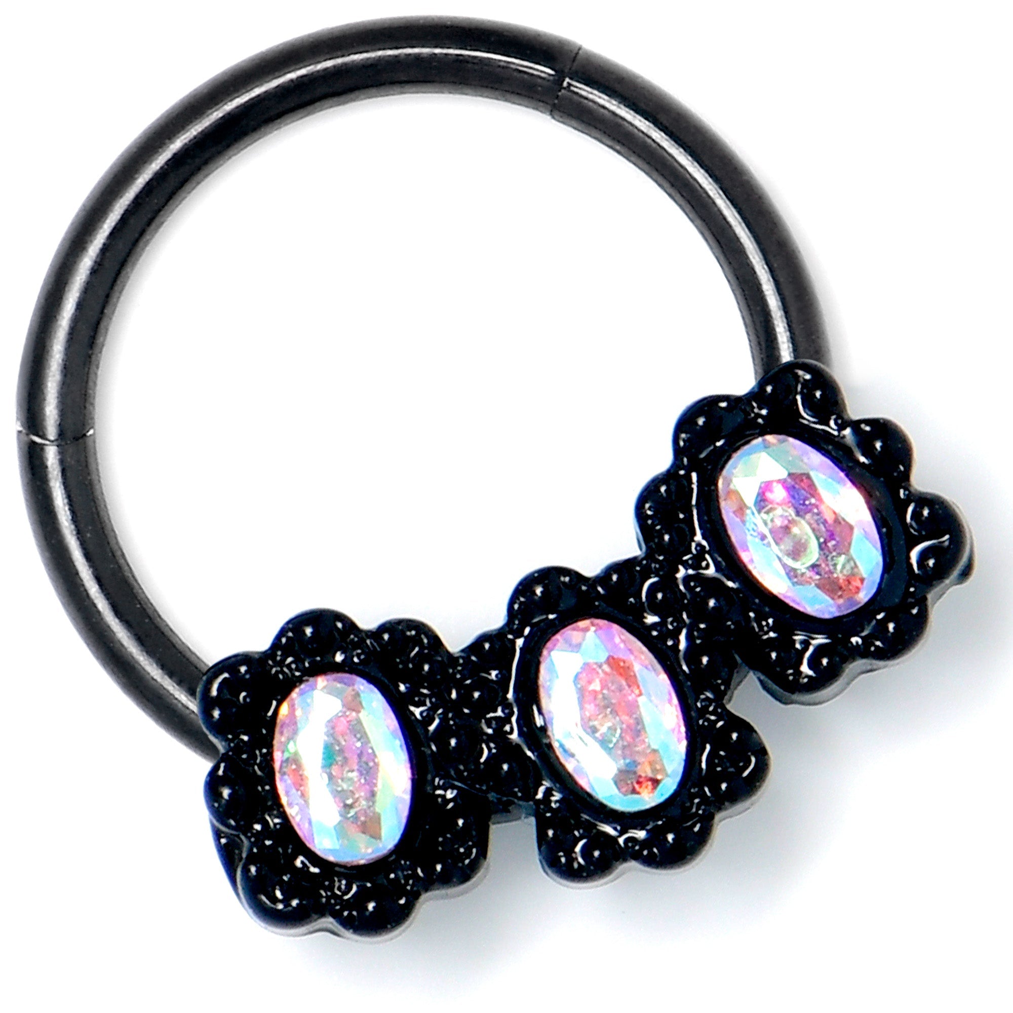 16G 3/8 Aurora Gem Black Magical Ovals Hinged Segment Ring