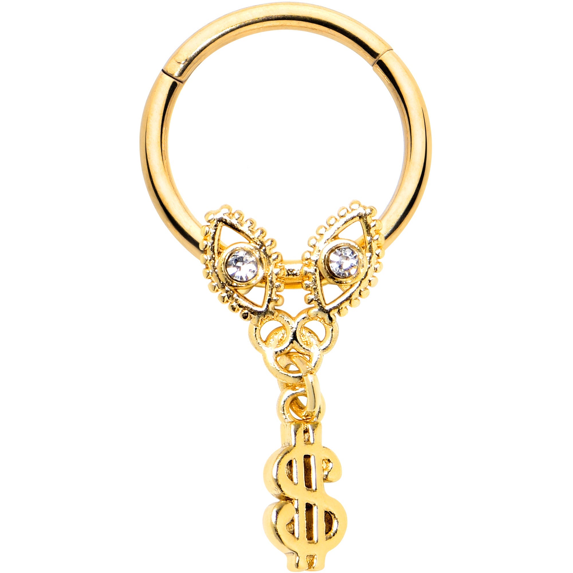 16G 3/8 Clear Gem Gold Hue Seeing Money Dangle Hinged Segment Ring