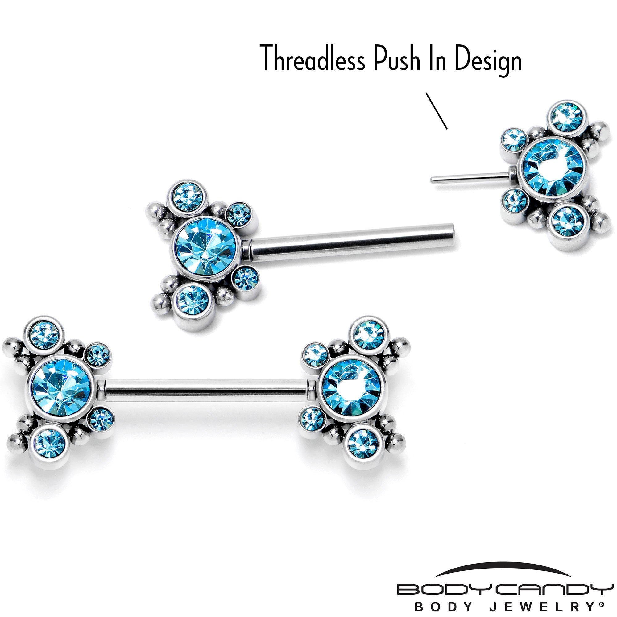 14G 9/16 Blue CZ Gem Circles Threadless Barbell Nipple Ring Set