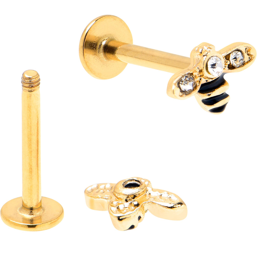 16G 5/16 Clear Gem Gold Tone Bee Honeycomb Black Labret Set of 4