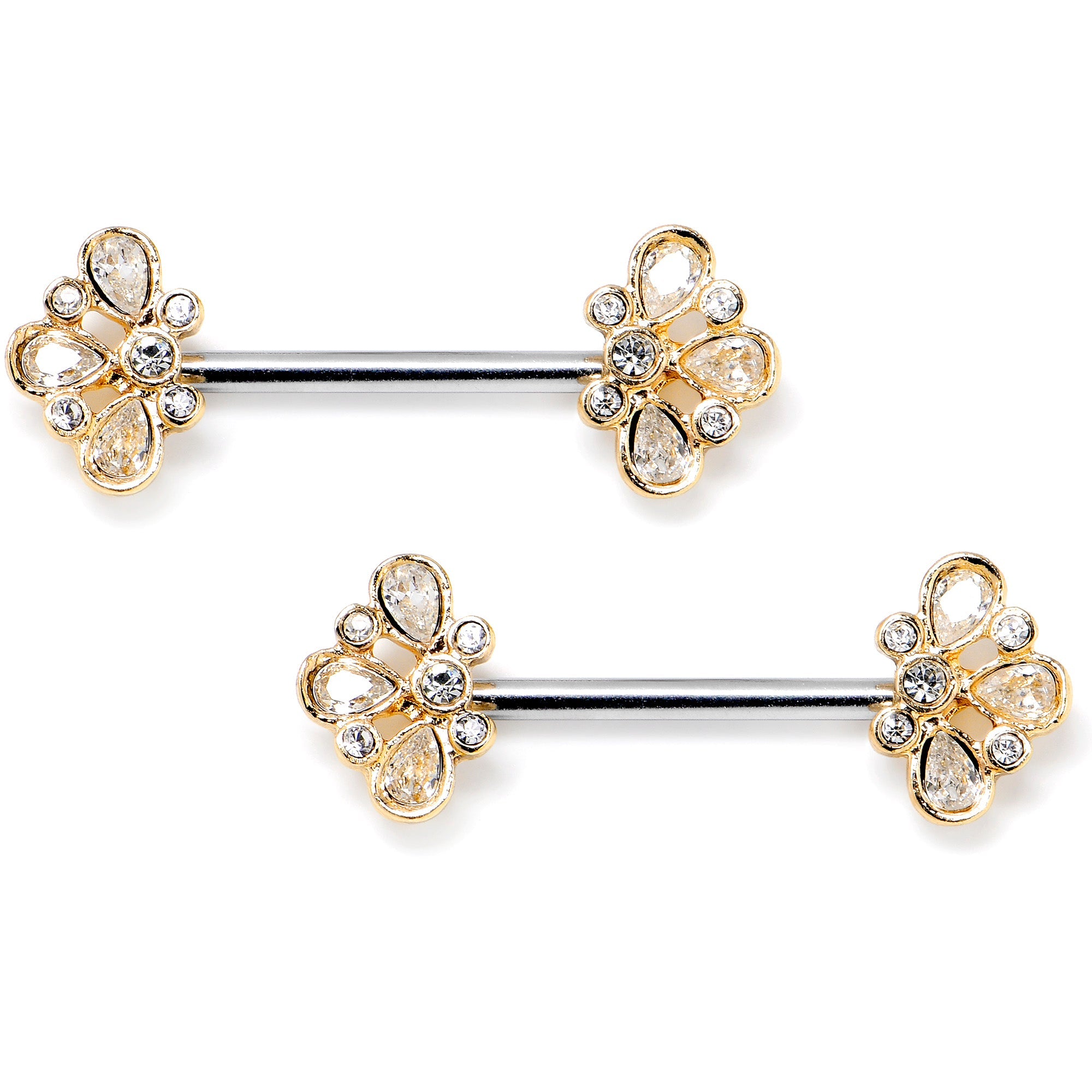 14G 9/16 Clear Gem Golden Crown Deluxe Barbell Nipple Ring Set