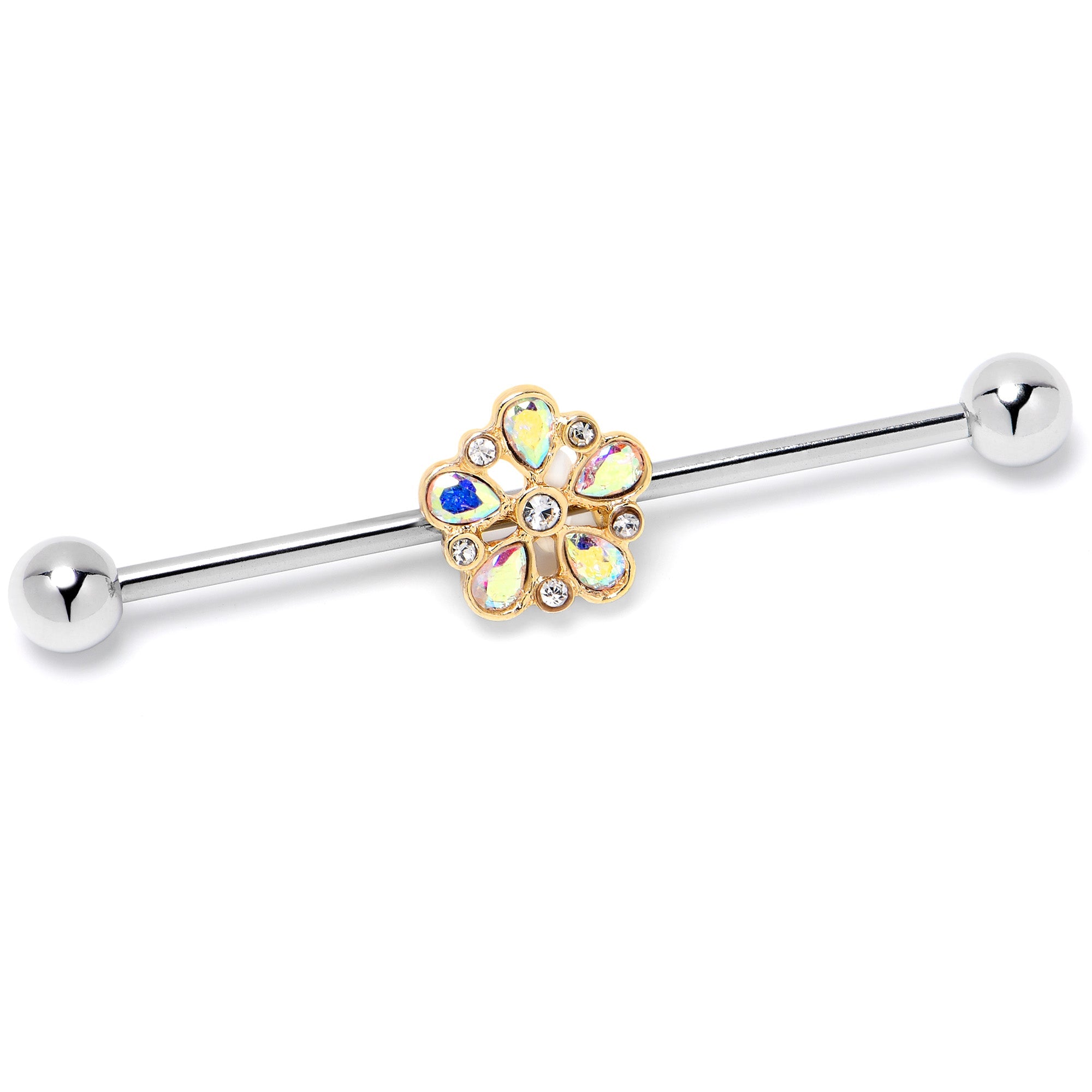 14G Aurora Gem Filigree Flower Fantasy Industrial Barbell 38mm