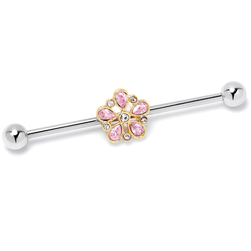 14G Pink Gem Filigree Flower Fantasy Industrial Barbell 38mm