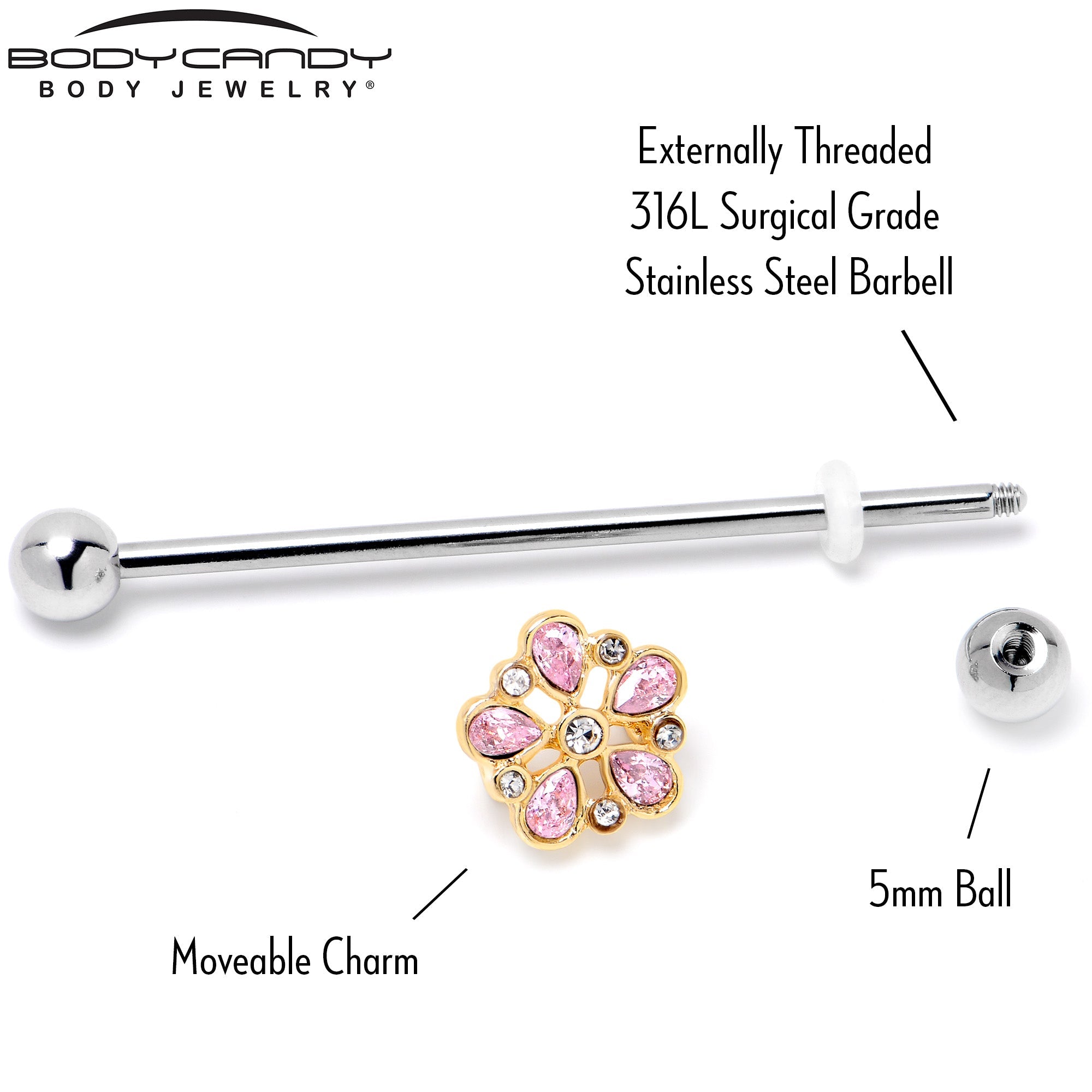 14G Pink Gem Filigree Flower Fantasy Industrial Barbell 38mm