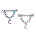 14G 9/16 Blue Clear Gem Crescent Moon Stars Dangle Nipple Ring Set