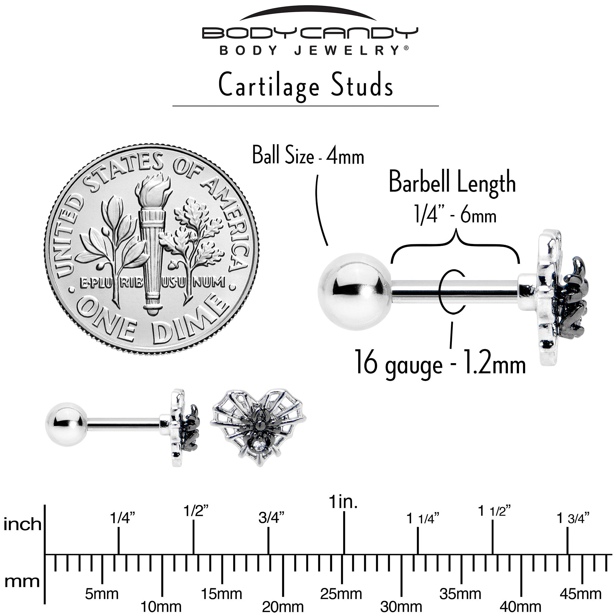 16G 1/4 Clear CZ Gem Heart of Spider Cartilage Tragus Earring