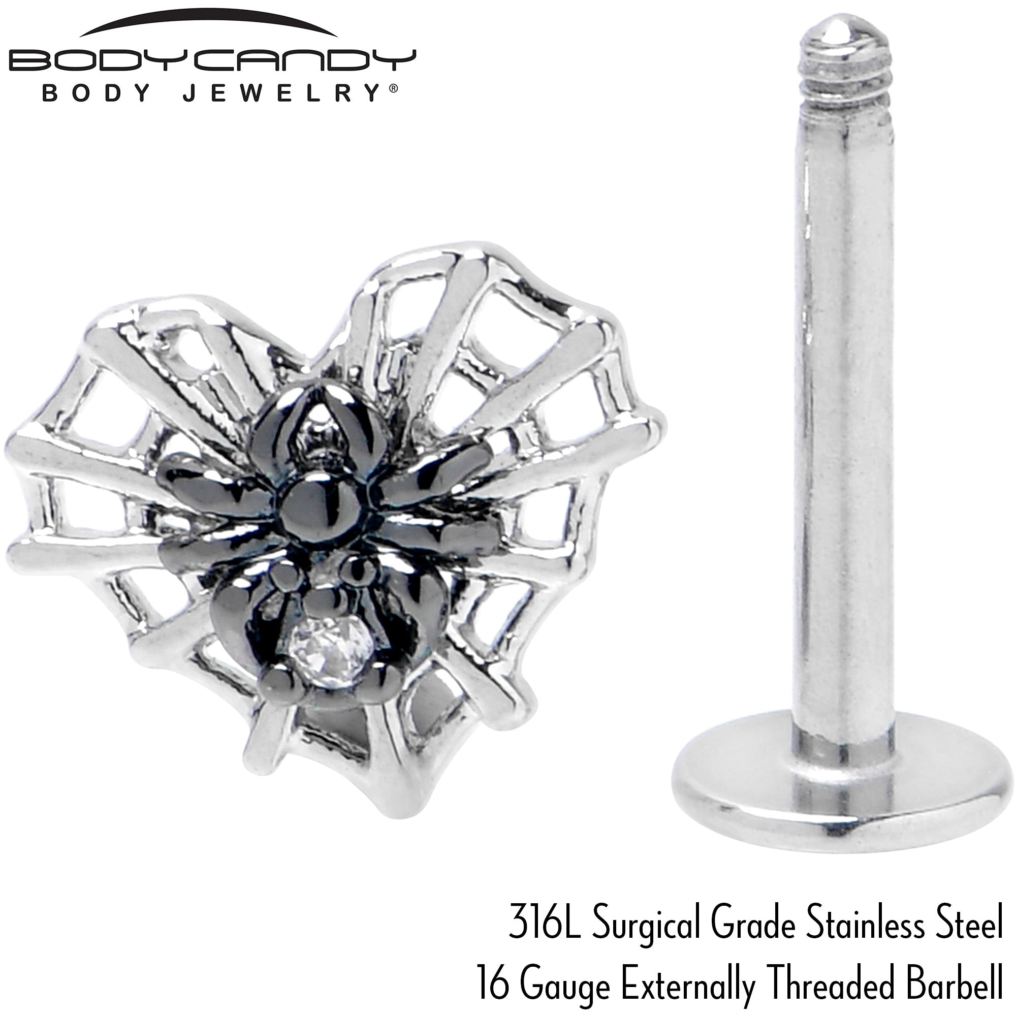 16G 5/16 Clear CZ Gem Heart of Spider Labret Monroe Tragus