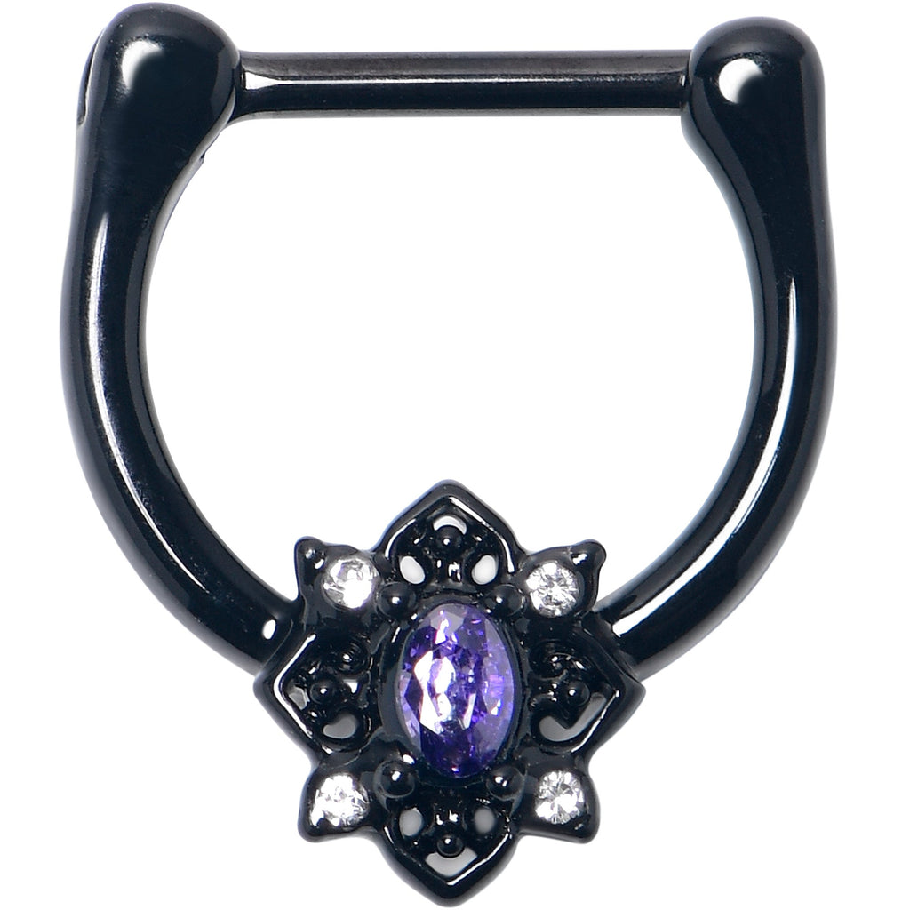 16G 5/16 Purple Gem Black Scrolling Hearts Cartilage Clicker