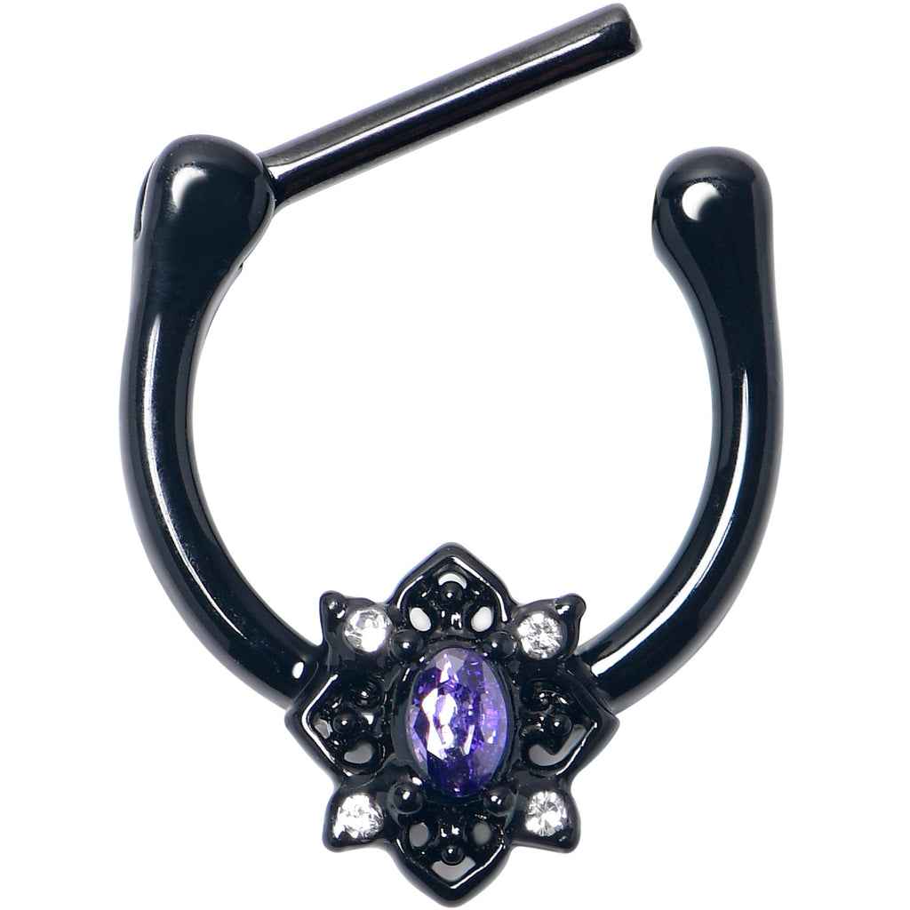 16G 5/16 Purple Gem Black Scrolling Hearts Cartilage Clicker