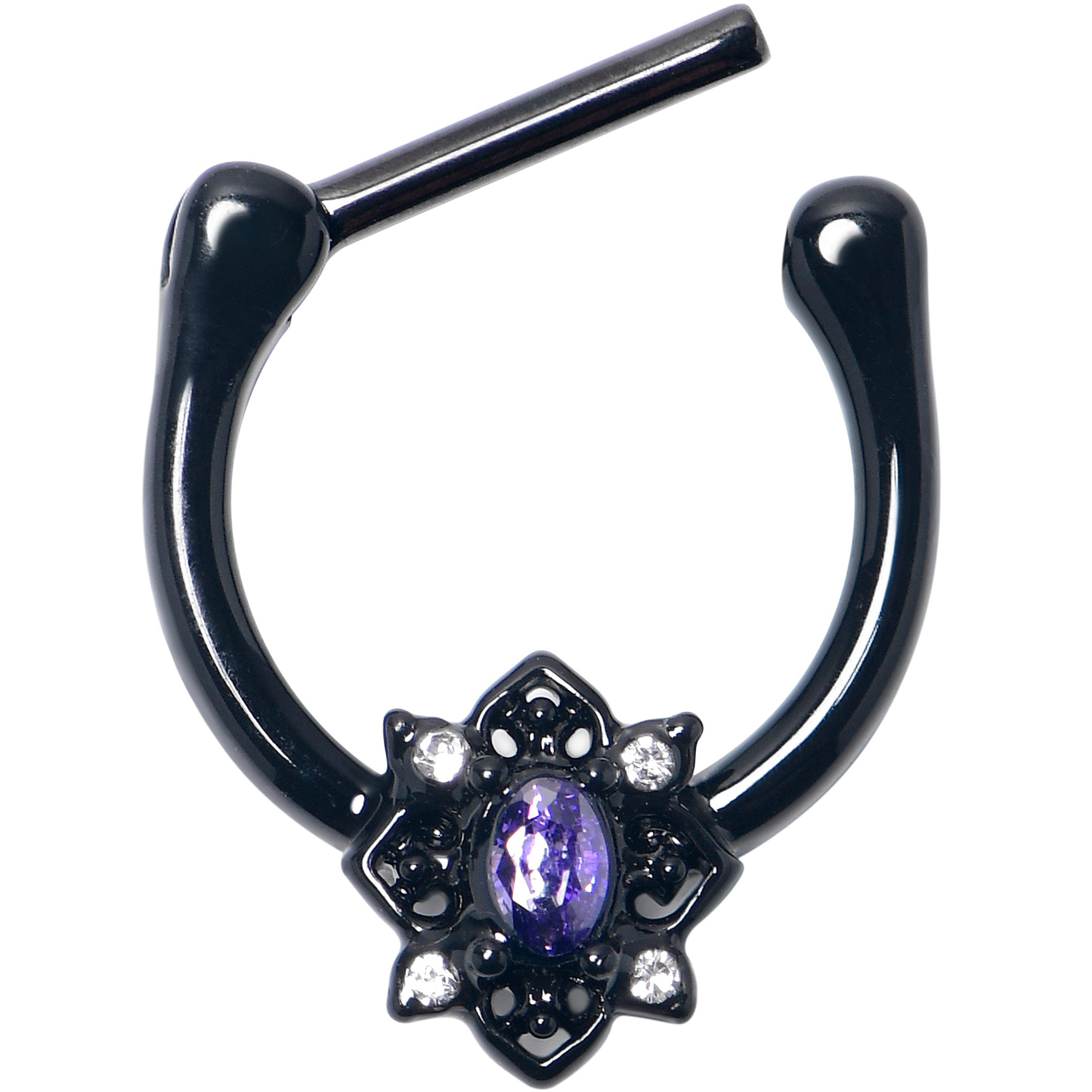 16G 5/16 Purple Gem Black Scrolling Hearts Cartilage Clicker